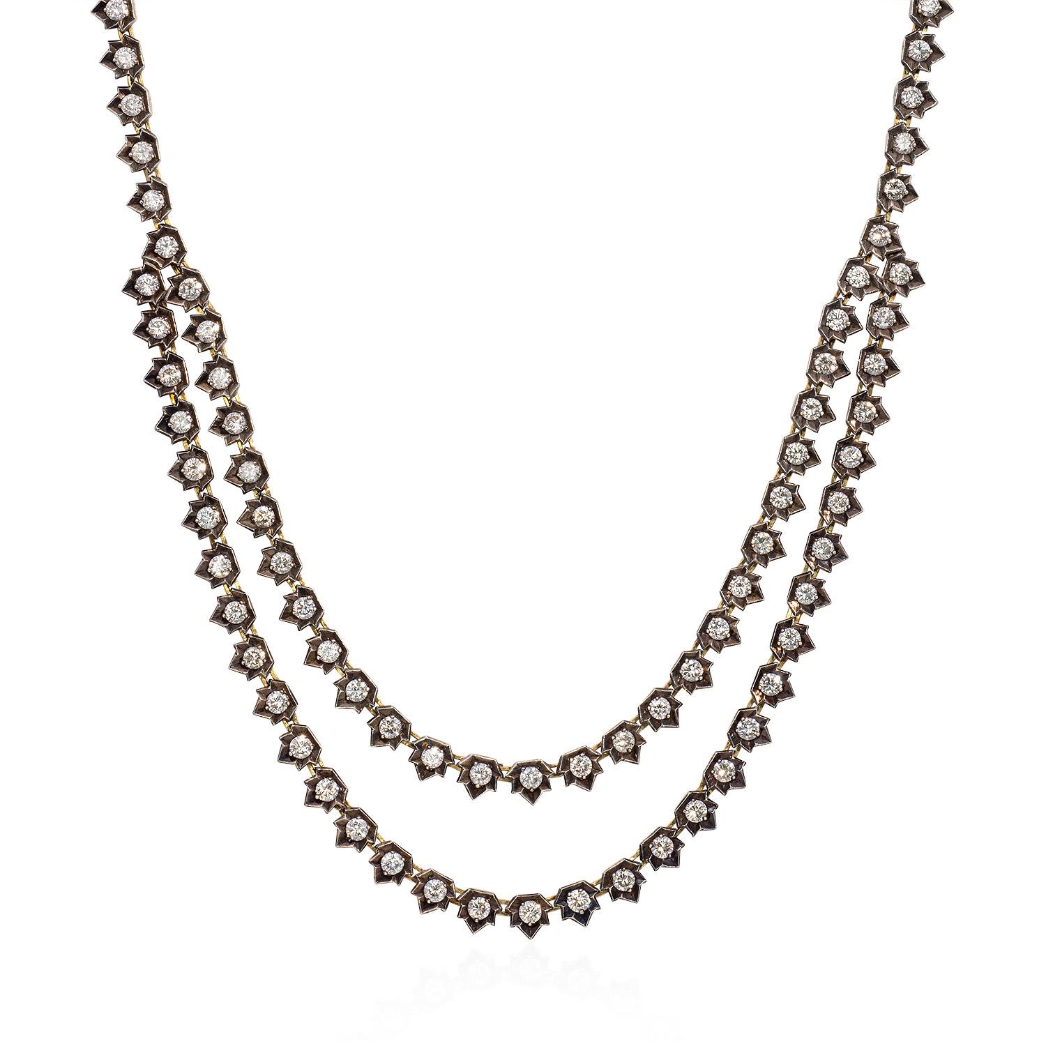 Round Cut 20 Carat Antique Edwardian Style Rivera Diamond Gold Necklace   For Sale