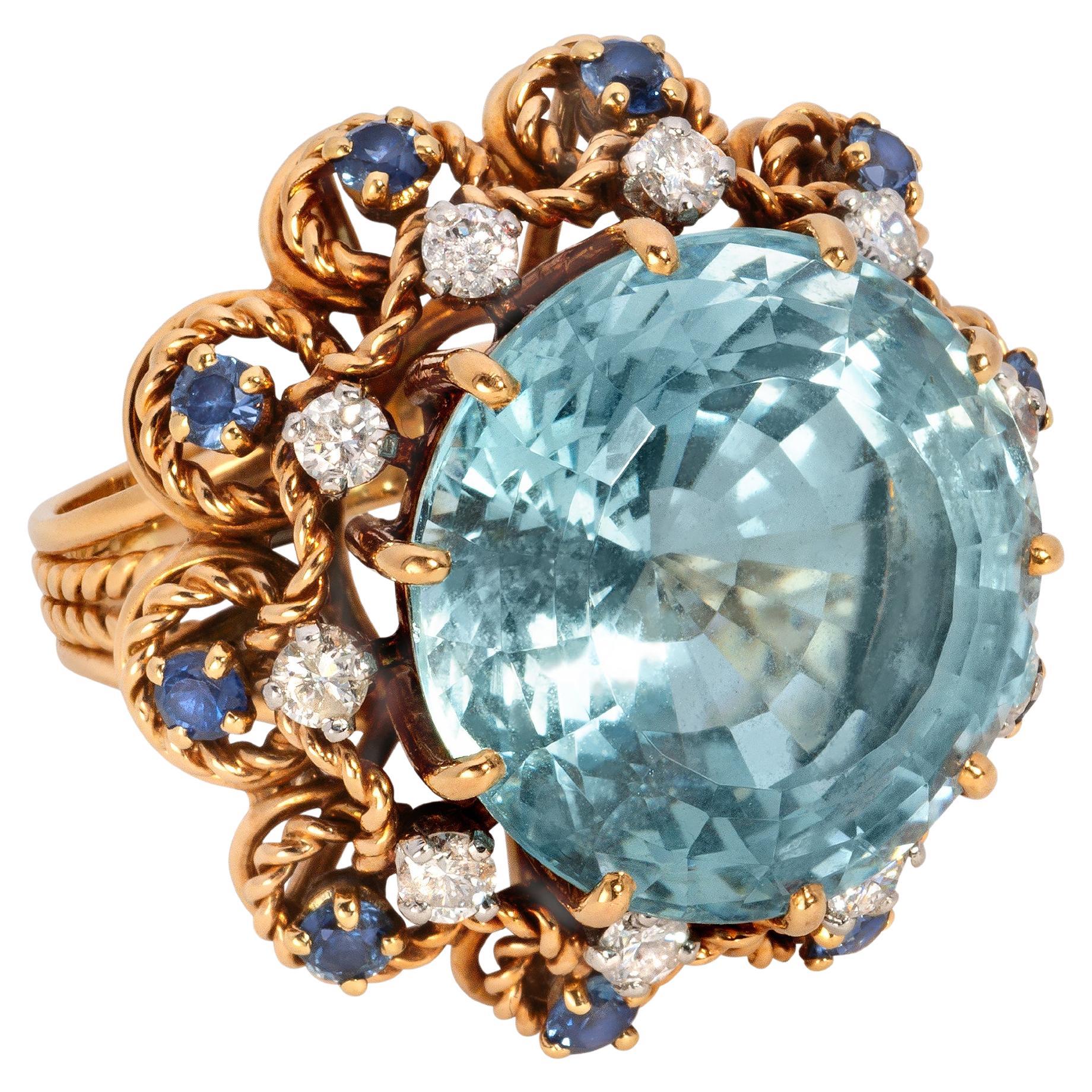 20 Carat Aquamarine, Diamond, Sapphire, and 18K Rose Gold Ring, c. 1950 For Sale