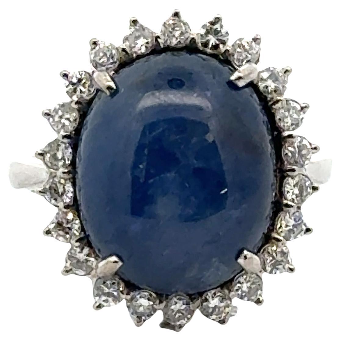 20 Carat Blue Cabochon Sapphire & Diamond 18 Karat White Gold Ring For Sale