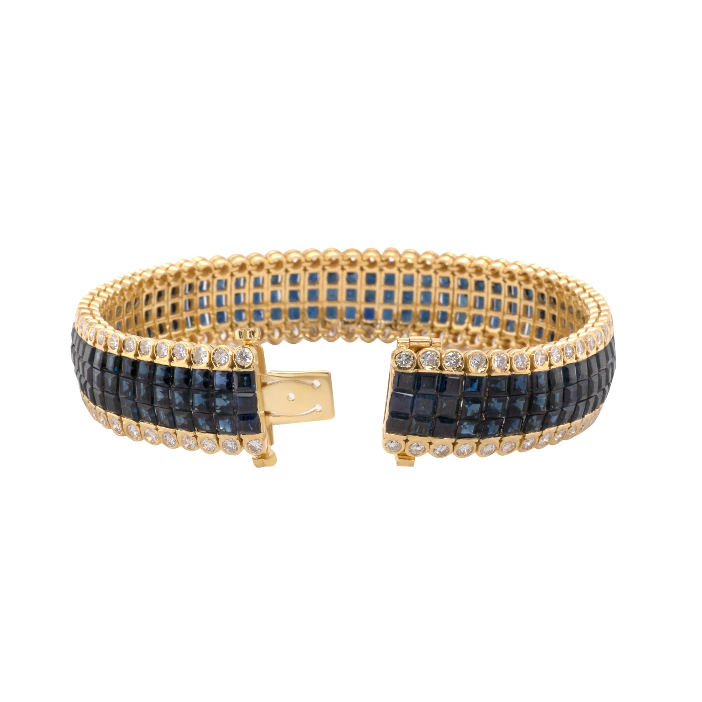 This exquisite invisible set bracelet is a true masterpiece of fine jewelry craftsmanship, showcasing the unparalleled beauty of Thai blue sapphires and dazzling diamonds. Featuring a total of 20.40 carats of richly saturated Thai blue sapphires and