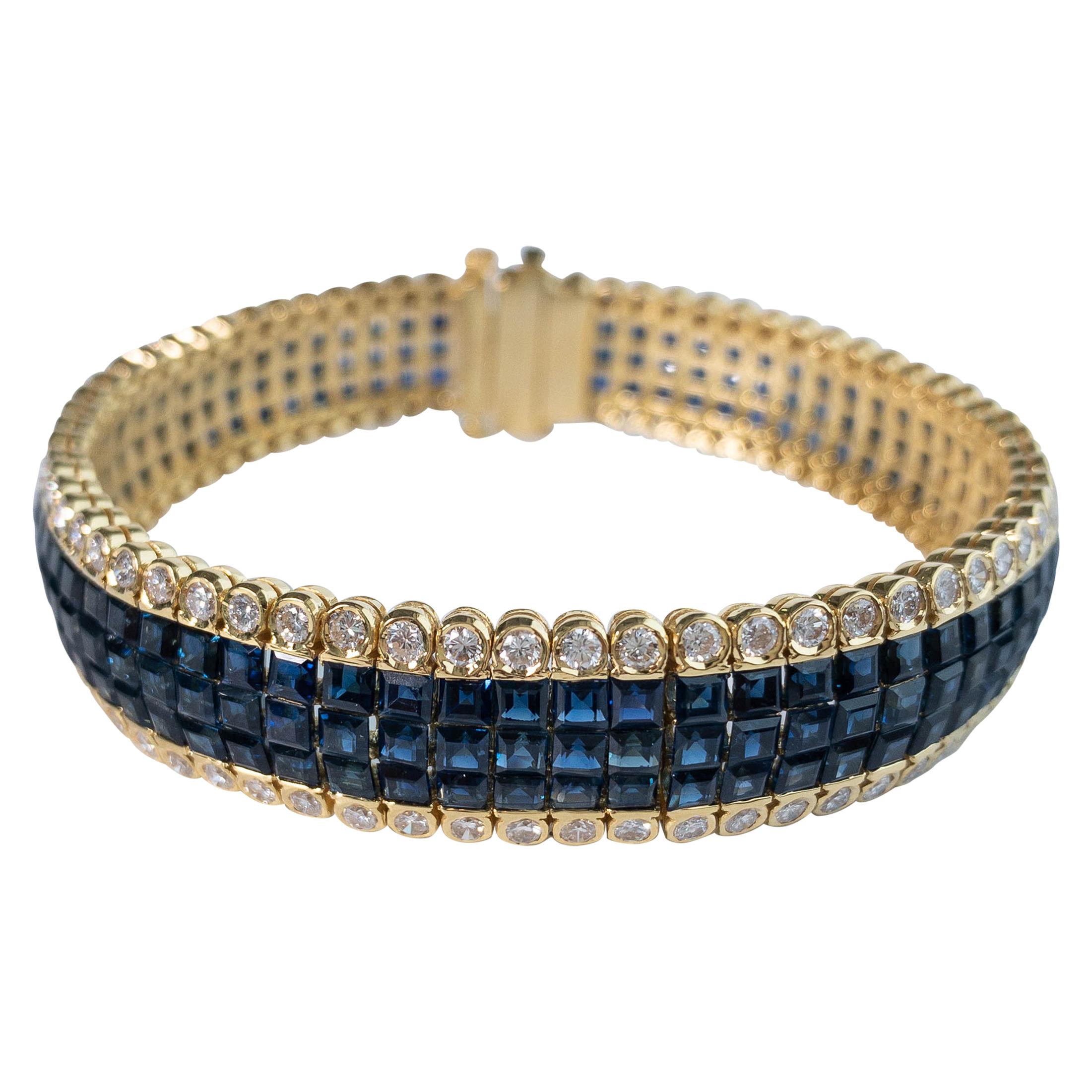 20 Carat Blue Sapphire and 4 Carat Diamond Invisible Set Bracelet in 18K Gold