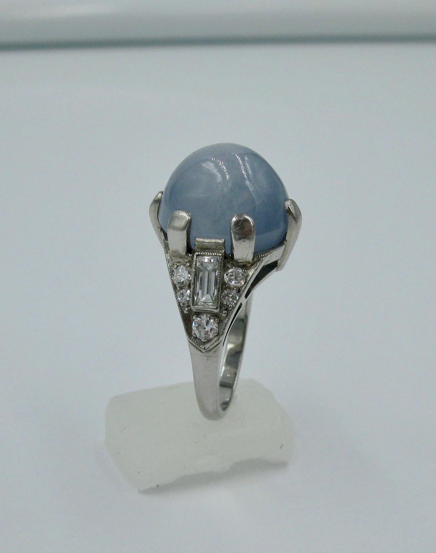20 Carat Blue Star Sapphire Diamond Palladium Cocktail Ring Art Deco For Sale 4