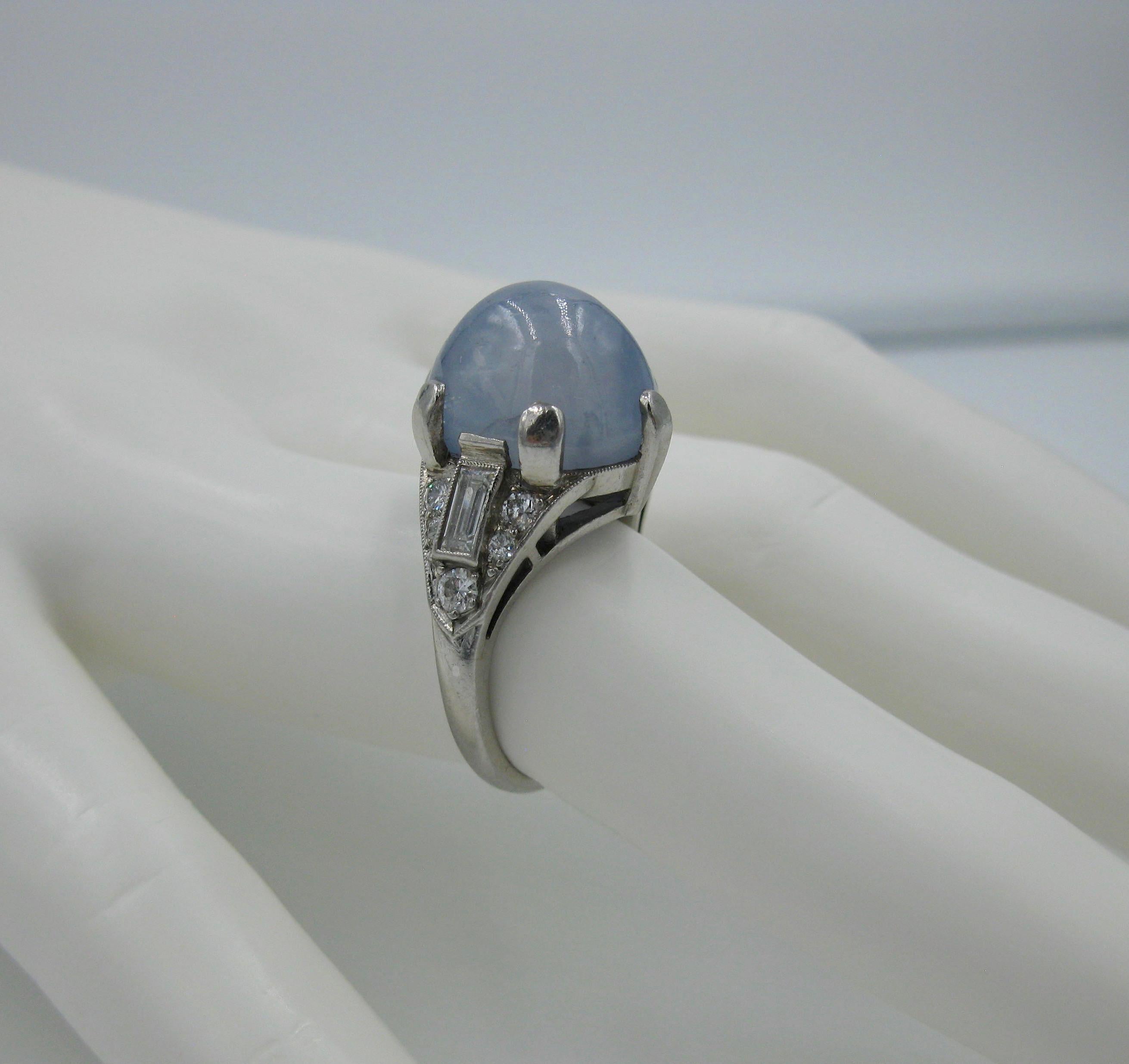 20 Carat Blue Star Sapphire Diamond Palladium Cocktail Ring Art Deco For Sale 7
