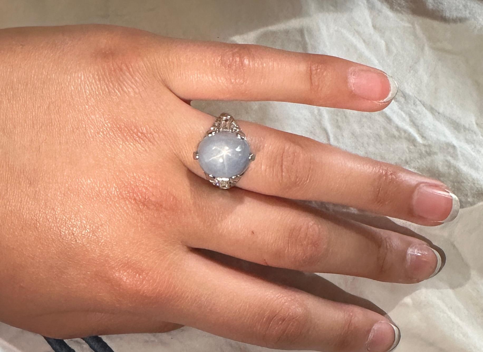 20 Carat Blue Star Sapphire Diamond Palladium Cocktail Ring Art Deco For Sale 9
