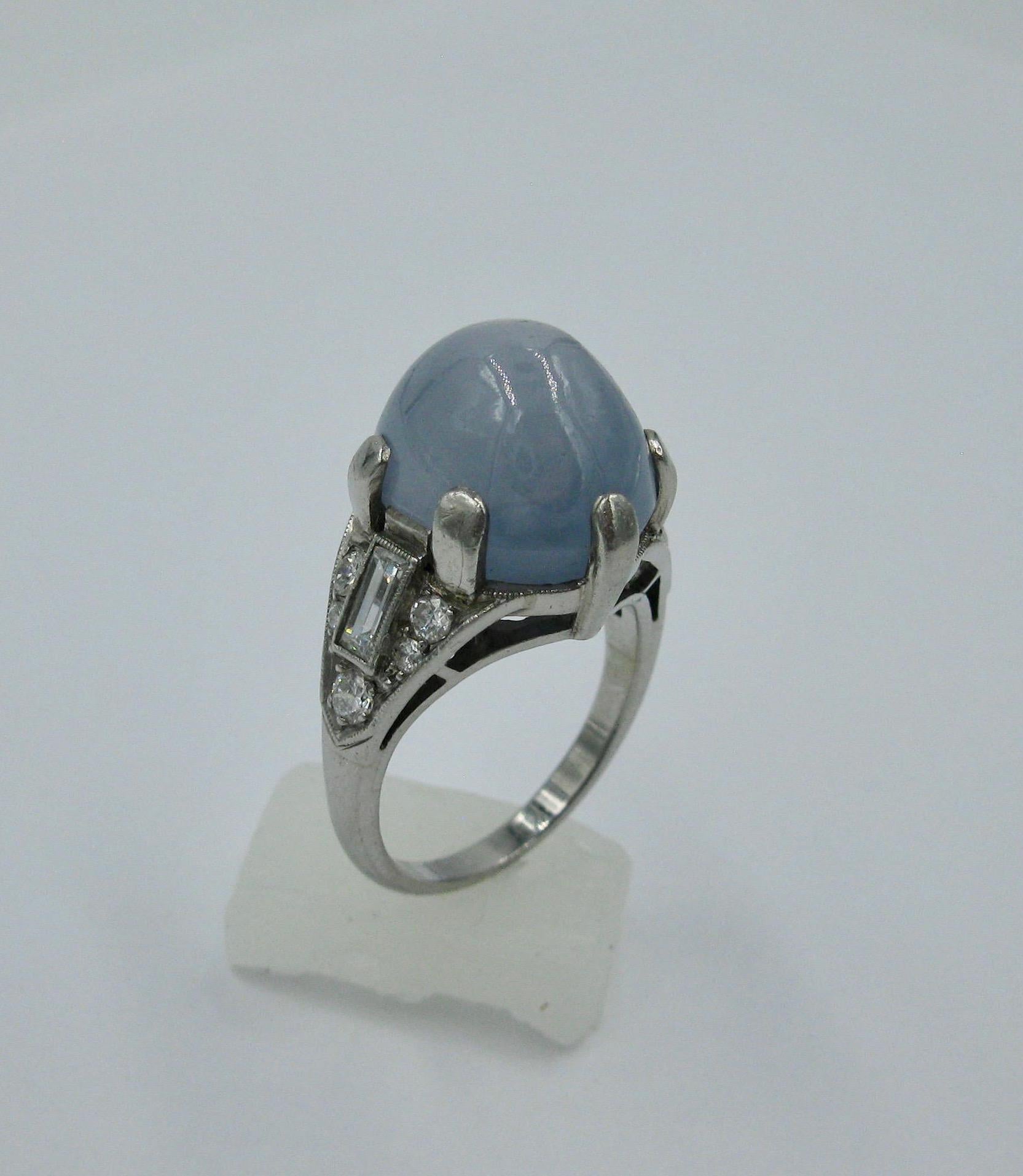 Women's 20 Carat Blue Star Sapphire Diamond Palladium Cocktail Ring Art Deco For Sale