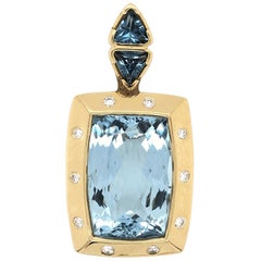 Retro 20 Carat Blue Topaz Gemstone Diamond Gold Pendant Enhancer Fine Estate Jewelry