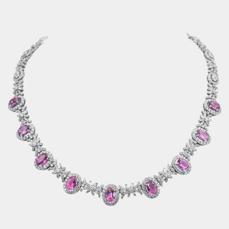 Contemporary 20 Carat Bubblegum Pink Sapphires Diamond Platinum Necklace For Sale