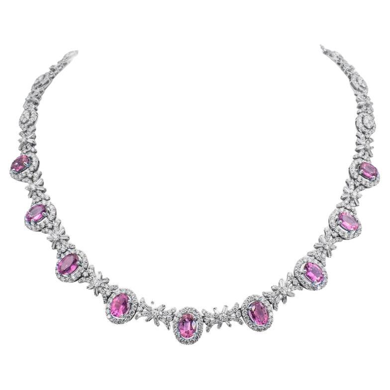 20 Carat Bubblegum Pink Sapphires Diamond Platinum Necklace For Sale