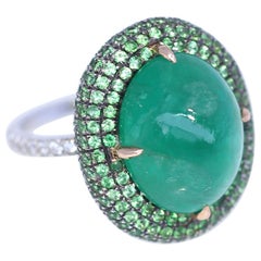 20 Carat Cabochon Emerald Diamonds Ring White 18 Karat Gold, 1970