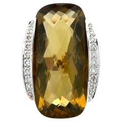 20 Carat Checkerboard Quartz and Diamond Gold Estate Vintage Cocktail Ring
