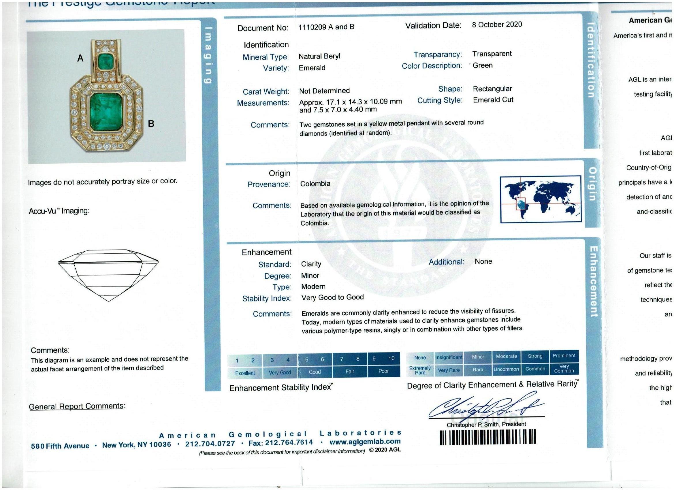 Emerald Cut AGL Certified Minor 20 Ct Colombian Emerald & 5 Ct Diamond Pendent/Necklace 14K
