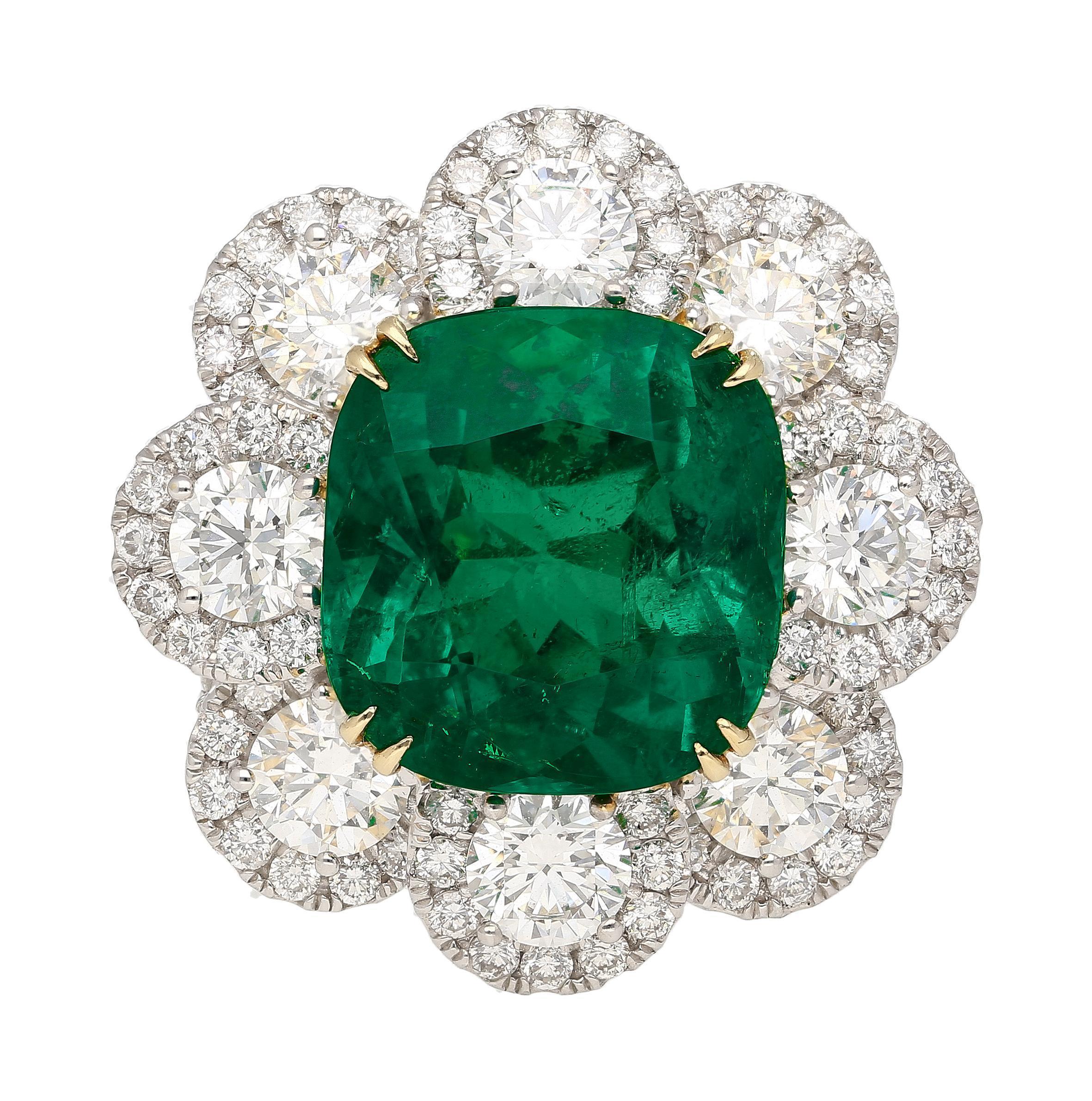 Ring Center Stone:
Gemstone Type: Colombian Emerald
Carat: 7.60 carats
Cut: Cushion Cut
Color: Vivid Green
Oil: Insignificant 
Certificate: GRS Certified

Side Stones:
Gemstone Type: Diamond
Gemstone Quantity: 96 diamonds
Carat: 3.64 carats
Cut: