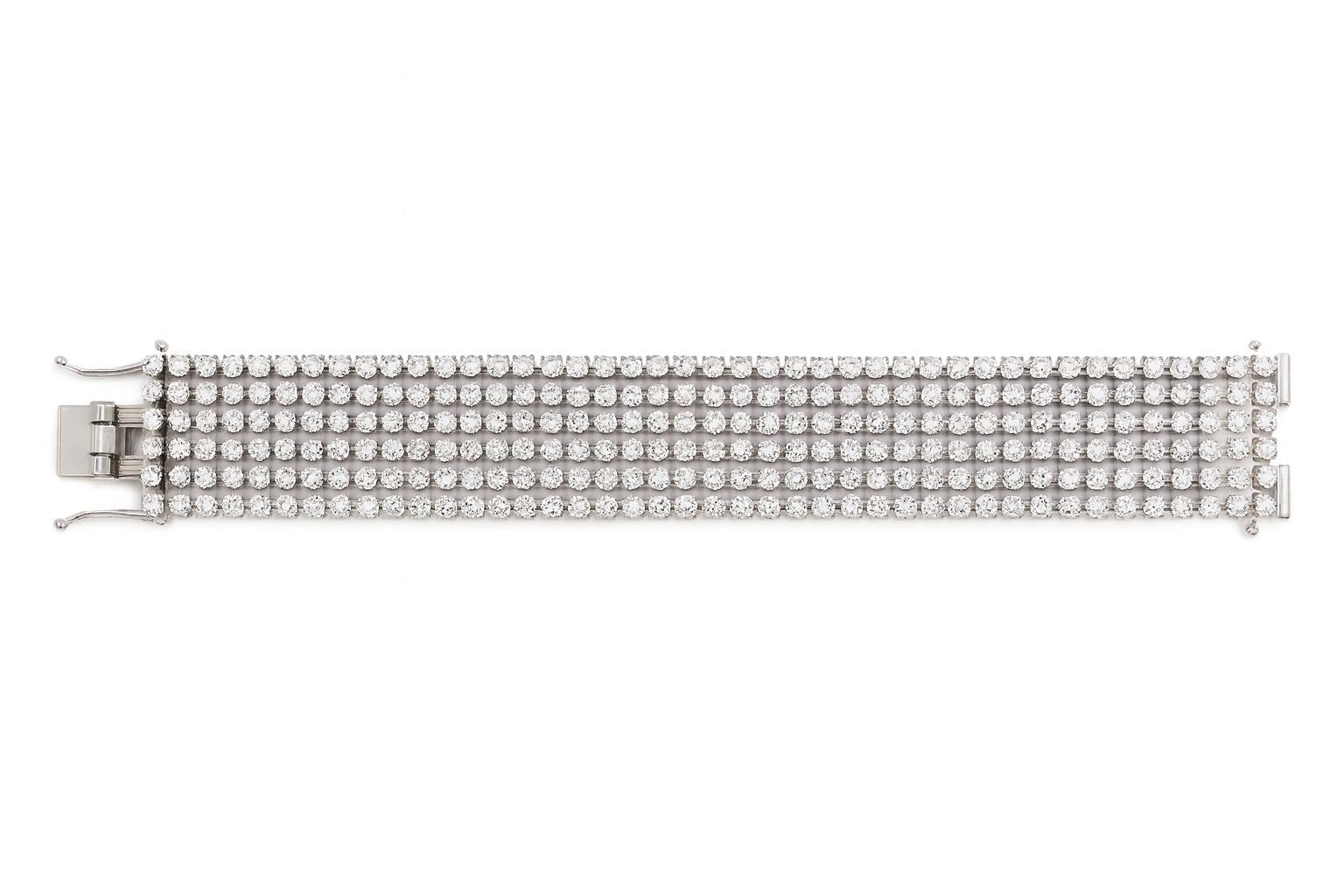 Round Cut 20 Carat Diamond 6-Row Wide Bracelet For Sale