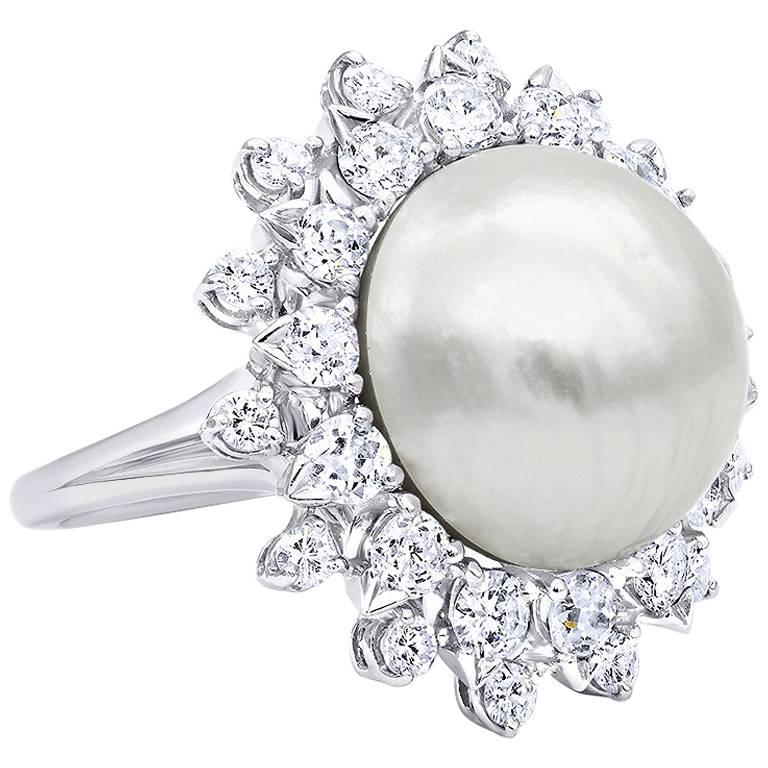 2.0 Carat  Diamond and Pearl  Platinum Cocktail Ring  For Sale
