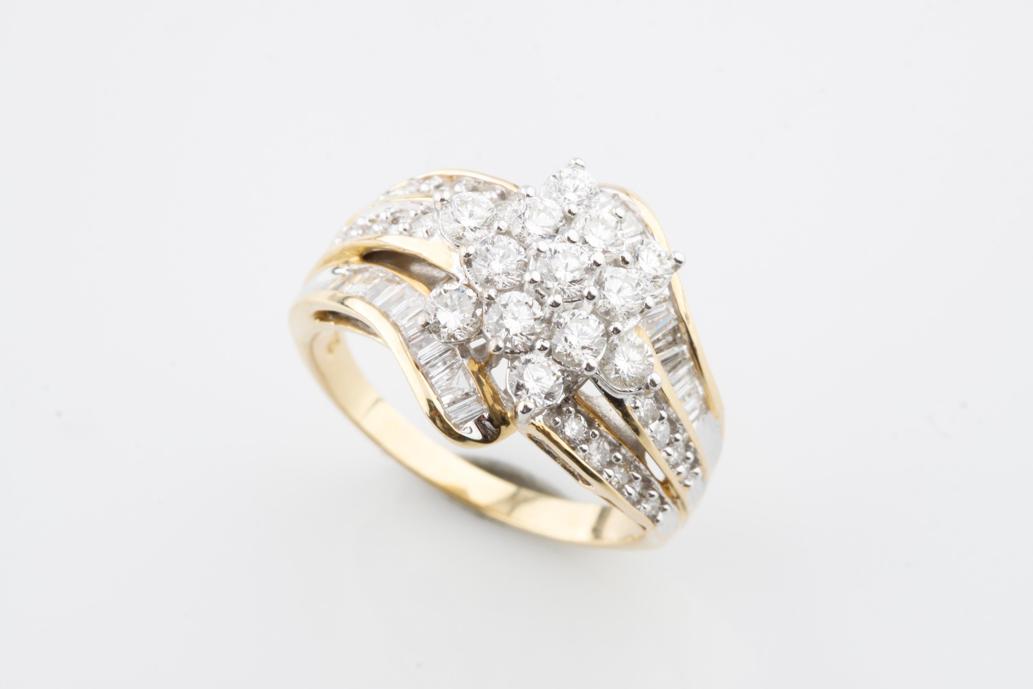 Gorgeous, Unique Cluster Ring!
Features 14k Yellow Gold Setting with White Gold Prongs and Accents
Features Prong Set Round Diamond Central 