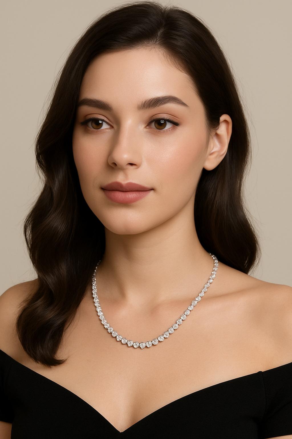 Collier de diamants de 20 carats

Réalisé en or blanc 10K, cet élégant collier est serti de 124 diamants ronds de taille brillant, pesant au total 20,00 carats. Les diamants affichent une couleur brun clair et une pureté VS-SI1, offrant une
