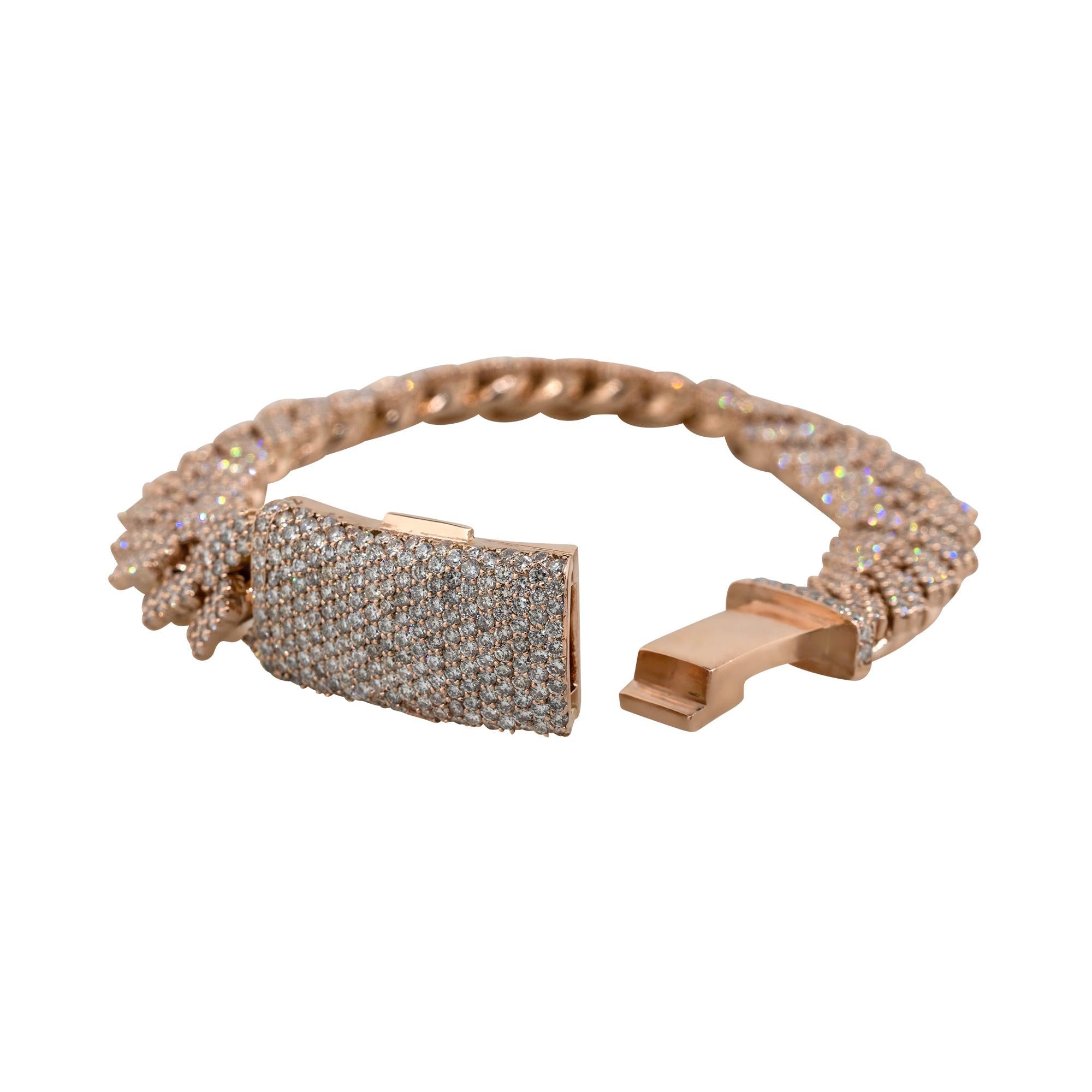 Material: 14k Rose Gold
Diamond Details: Approx. 20ctw of round cut Diamonds. Diamonds are G/H in color and VS in clarity
Clasp: Tongue in box with double safety latch
Measurements: measures 8