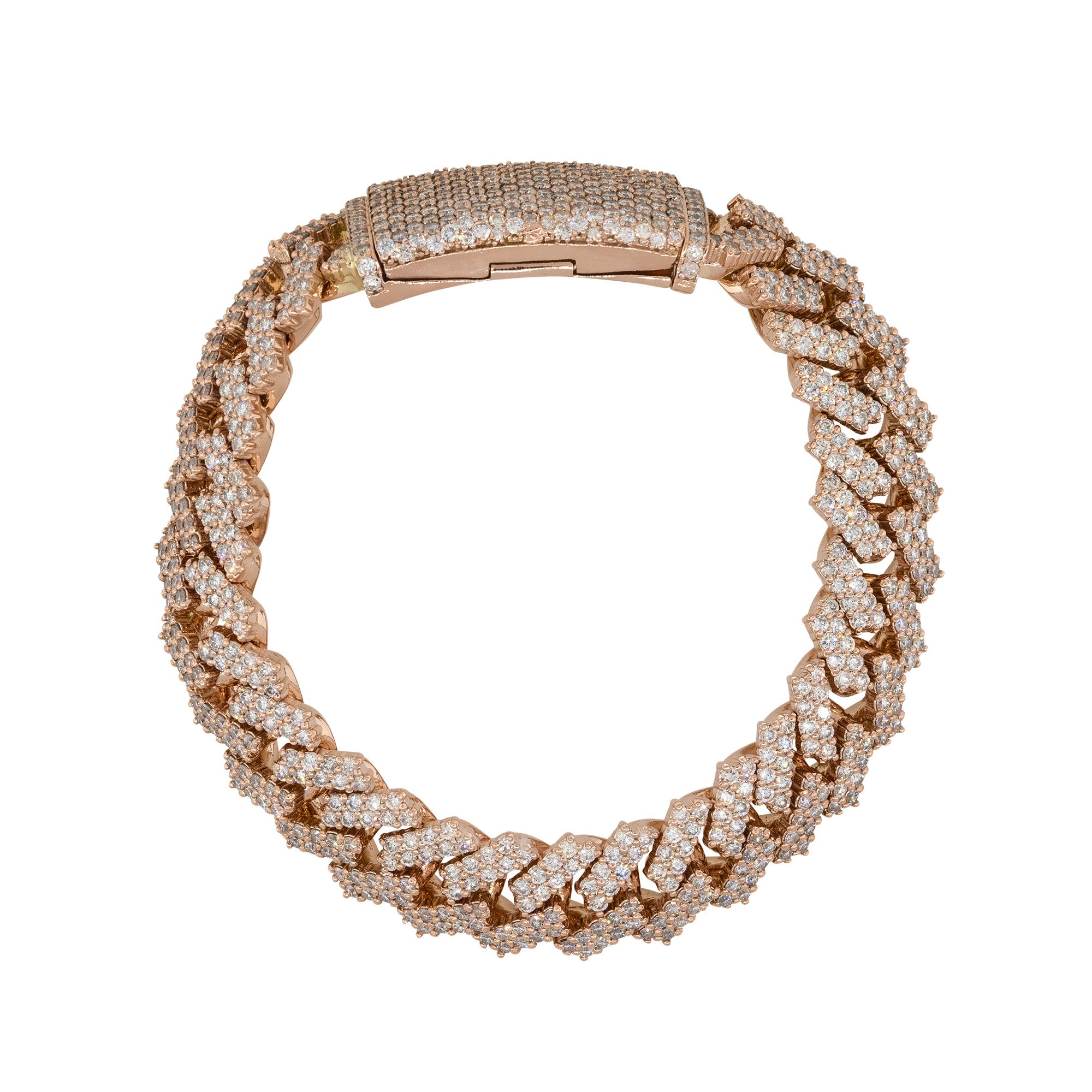 Taille ronde Bracelet à maillons cubains en or 14 carats avec diamants pavés de 20 carats en vente