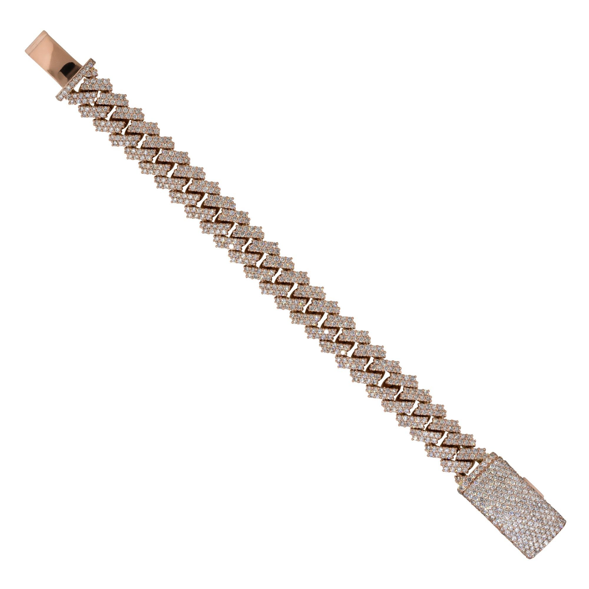 Taille ronde Bracelet à maillons cubains en or 14 carats avec diamants pavés de 20 carats en vente