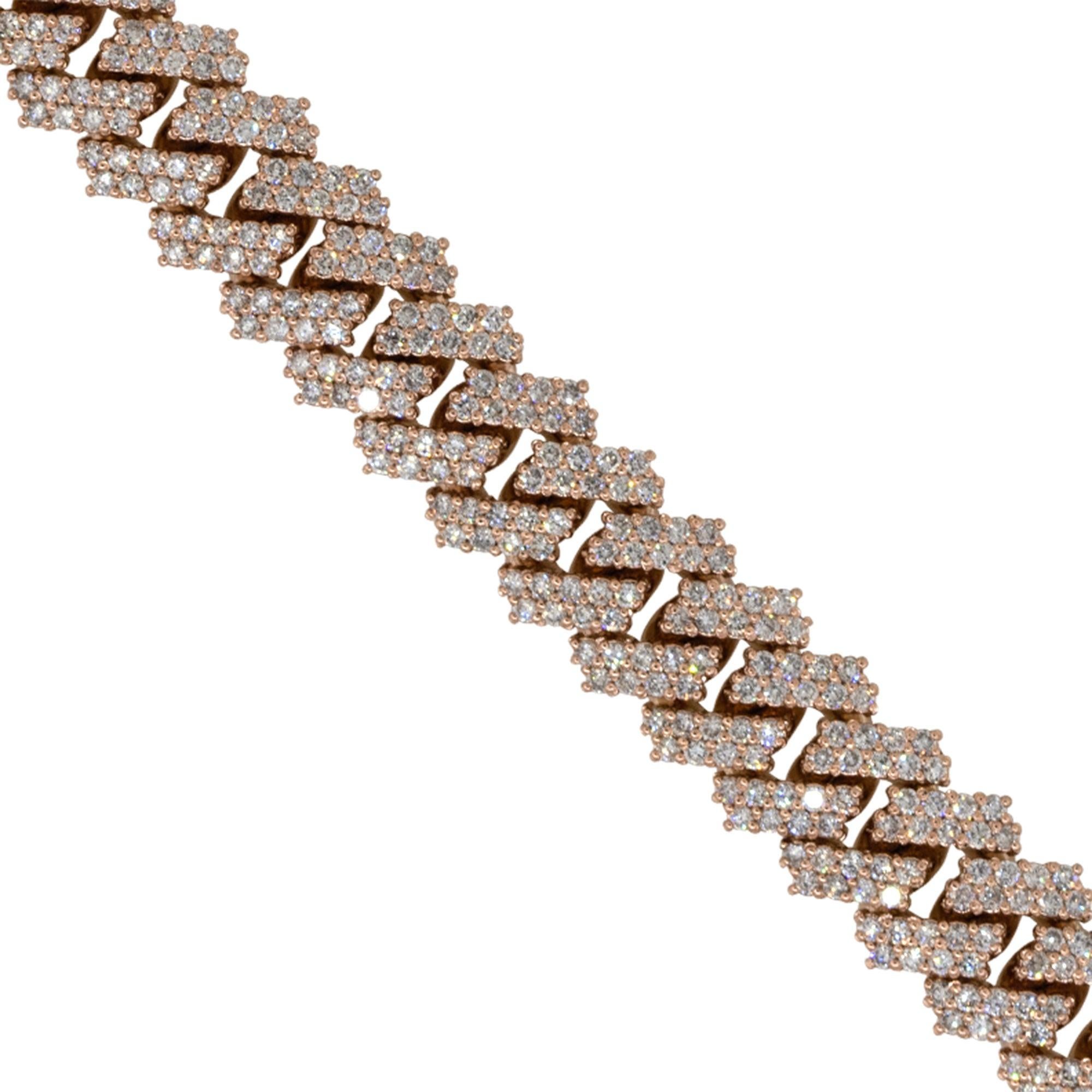 Round Cut 20 Carat Diamond Pave Cuban Link Bracelet 14 Karat in Stock For Sale
