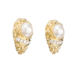 .20 Carat Diamond Pearl 18k Yellow Gold Tear Drop Clip Post Earrings