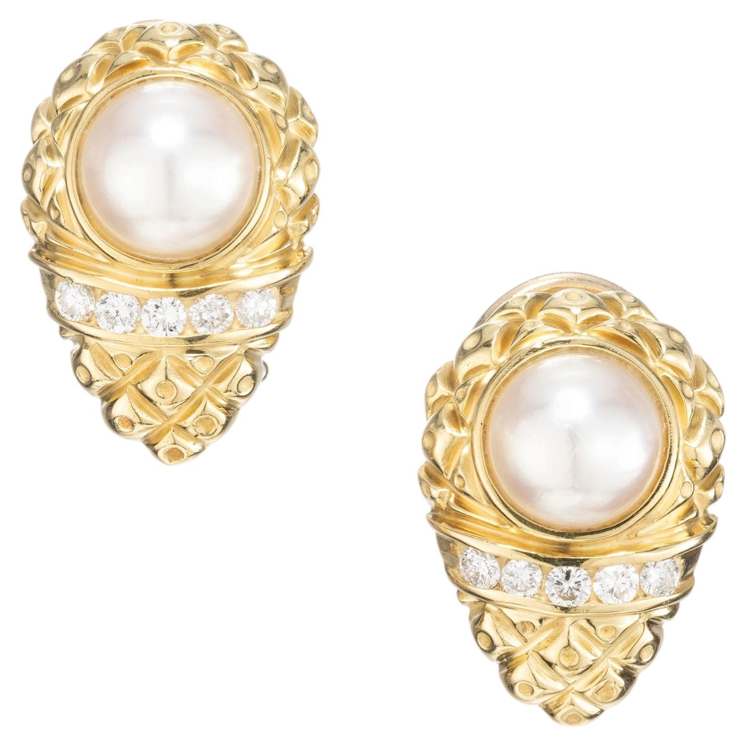 .20 Carat Diamond Pearl 18k Yellow Gold Tear Drop Clip Post Earrings
