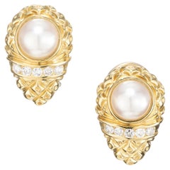 .20 Carat Diamond Pearl 18k Yellow Gold Tear Drop Clip Post Earrings