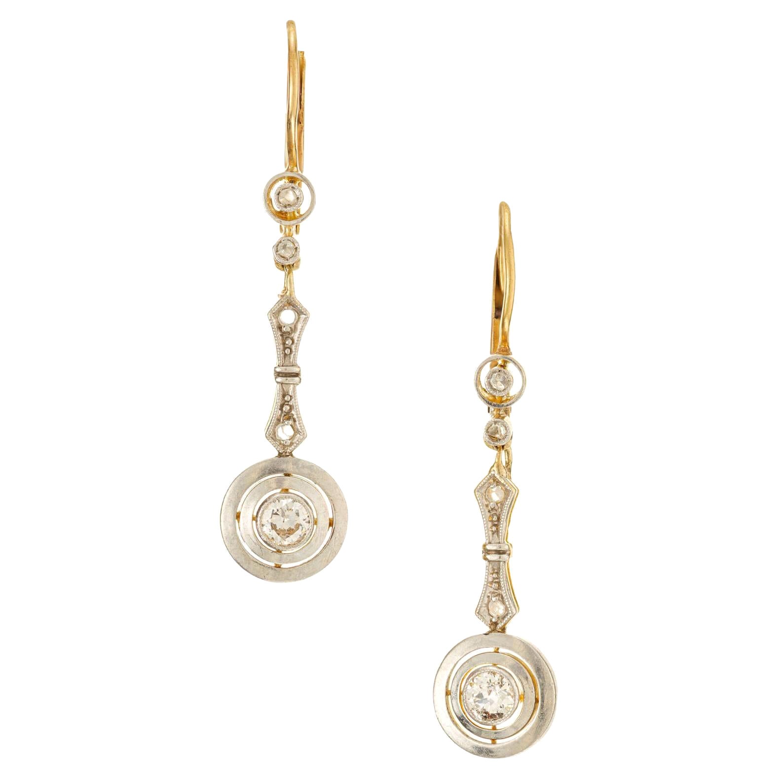Pendants d'oreilles en goutte en or jaune et platine avec diamants de 0,20 carat