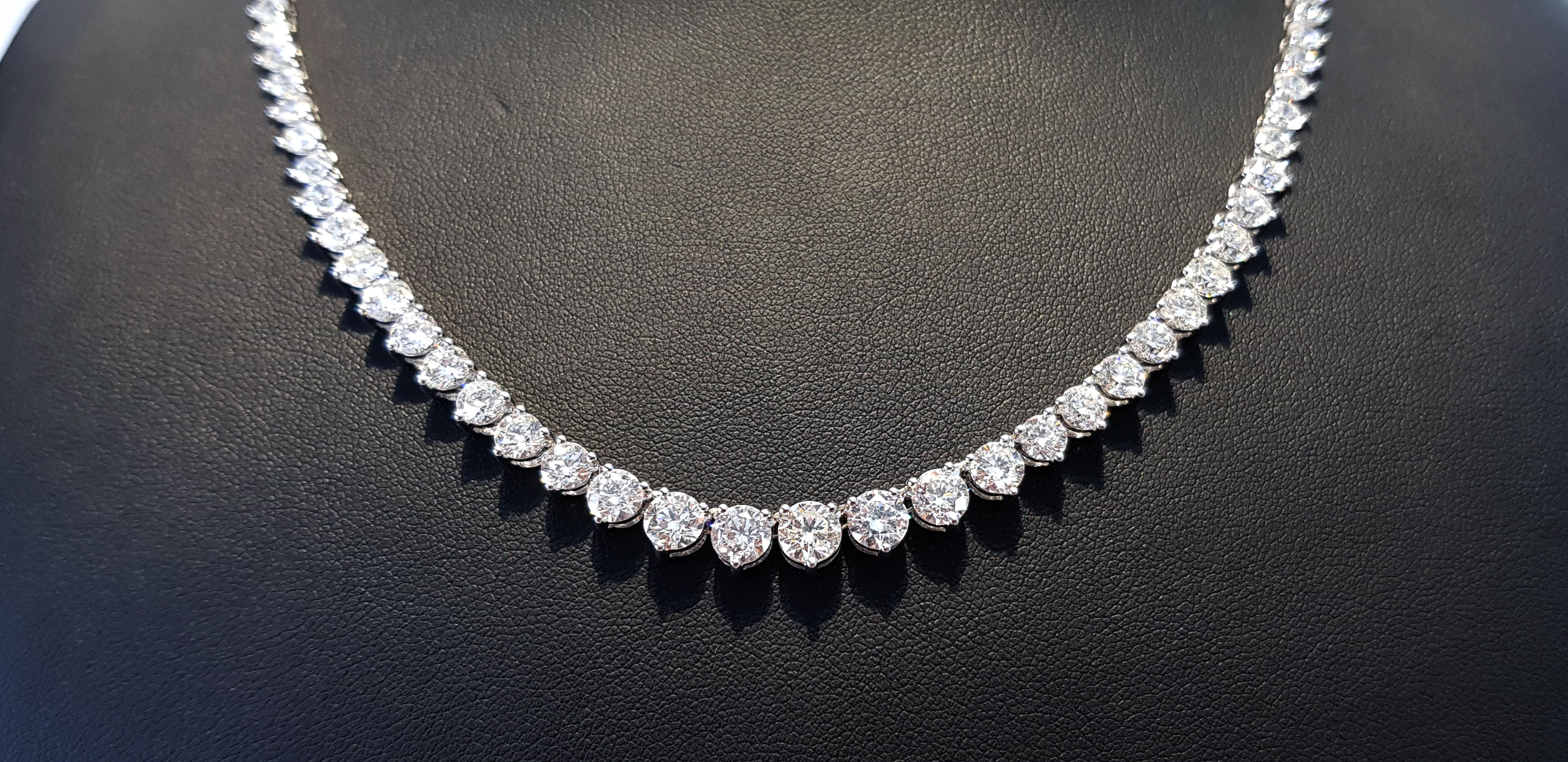 Women's 20 Carat Diamond Tresor Riviera Three Claws 18Kt White Gold Tennis Line Necklace For Sale