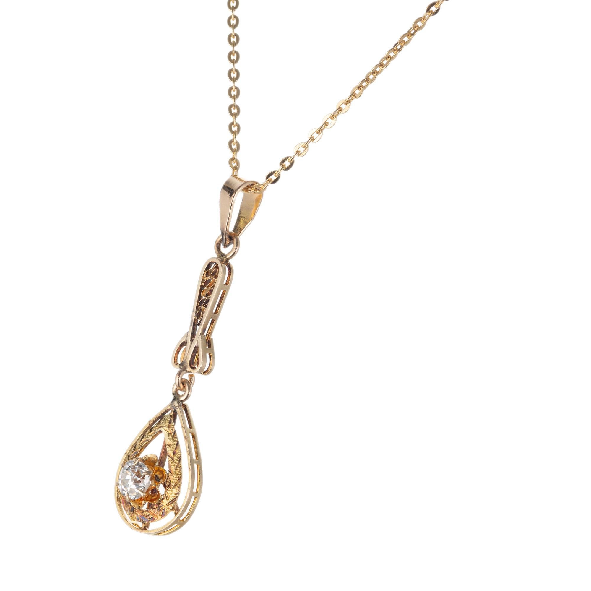 Old Mine Cut .20 Carat Diamond Yellow Gold Victorian Pendant Necklace