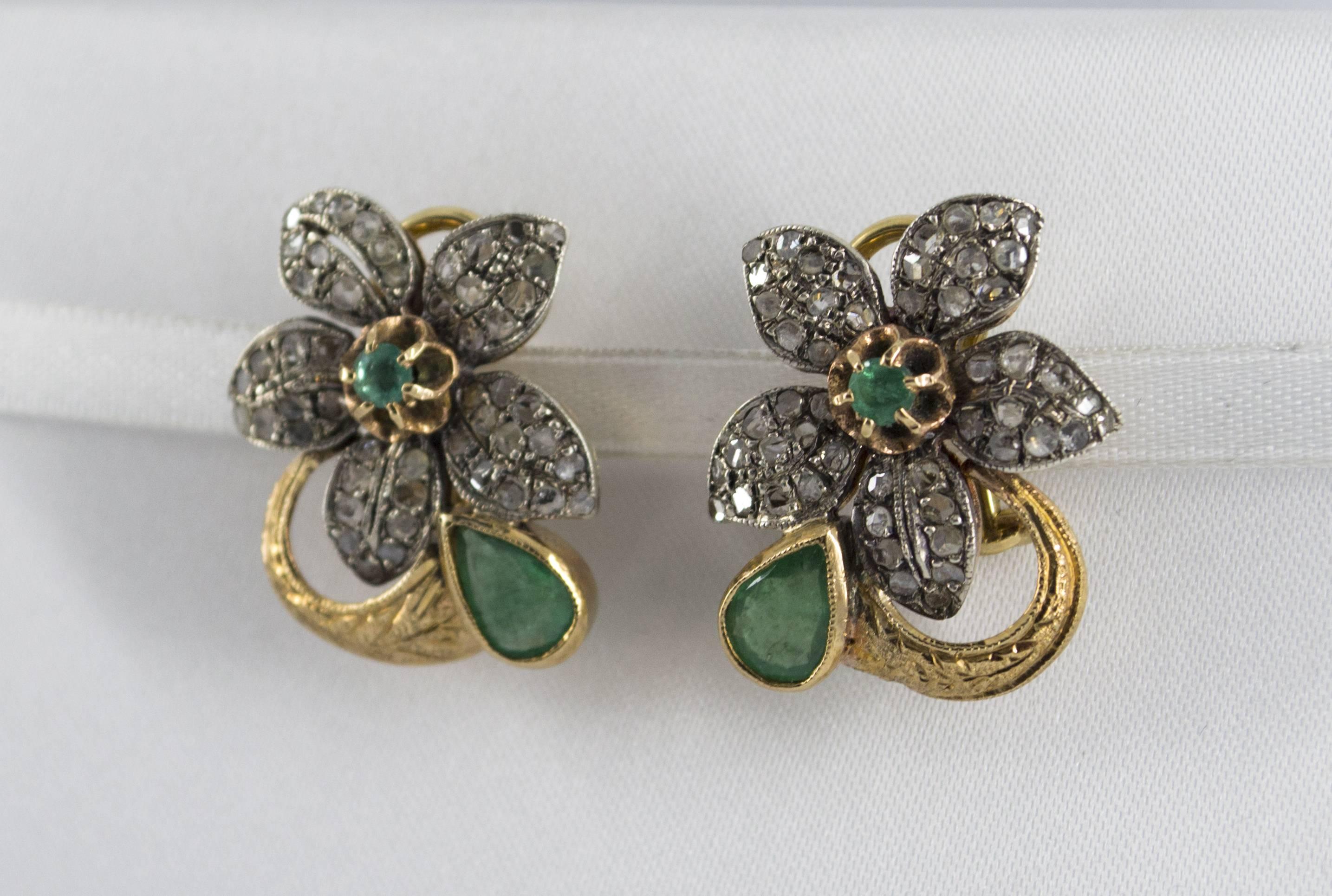 Art Nouveau 2.0 Carat Emerald 0.60 Carat White Diamond Yellow Gold Clip-On Flowers Earrings