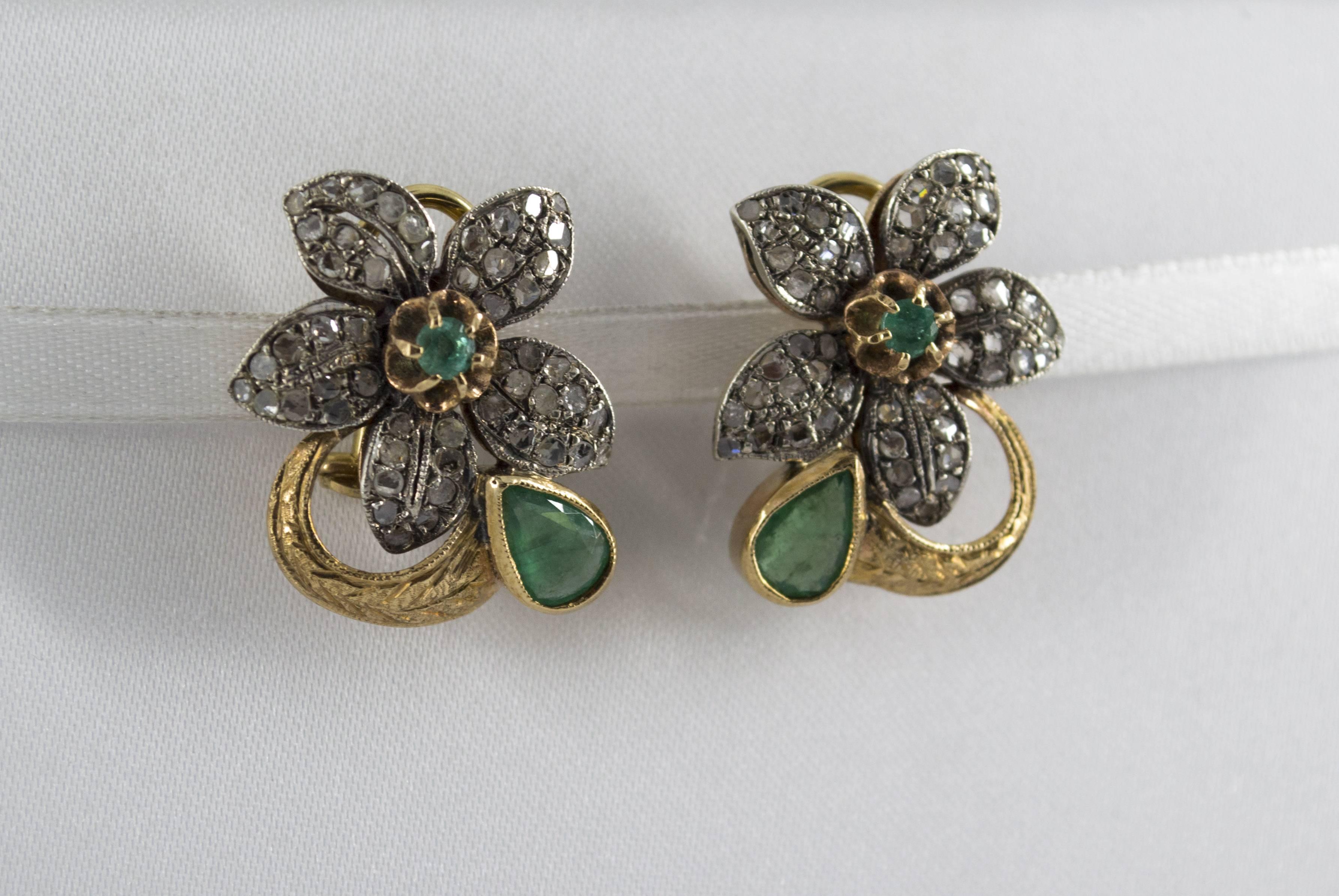 2.0 Carat Emerald 0.60 Carat White Diamond Yellow Gold Clip-On Flowers Earrings In New Condition In Naples, IT