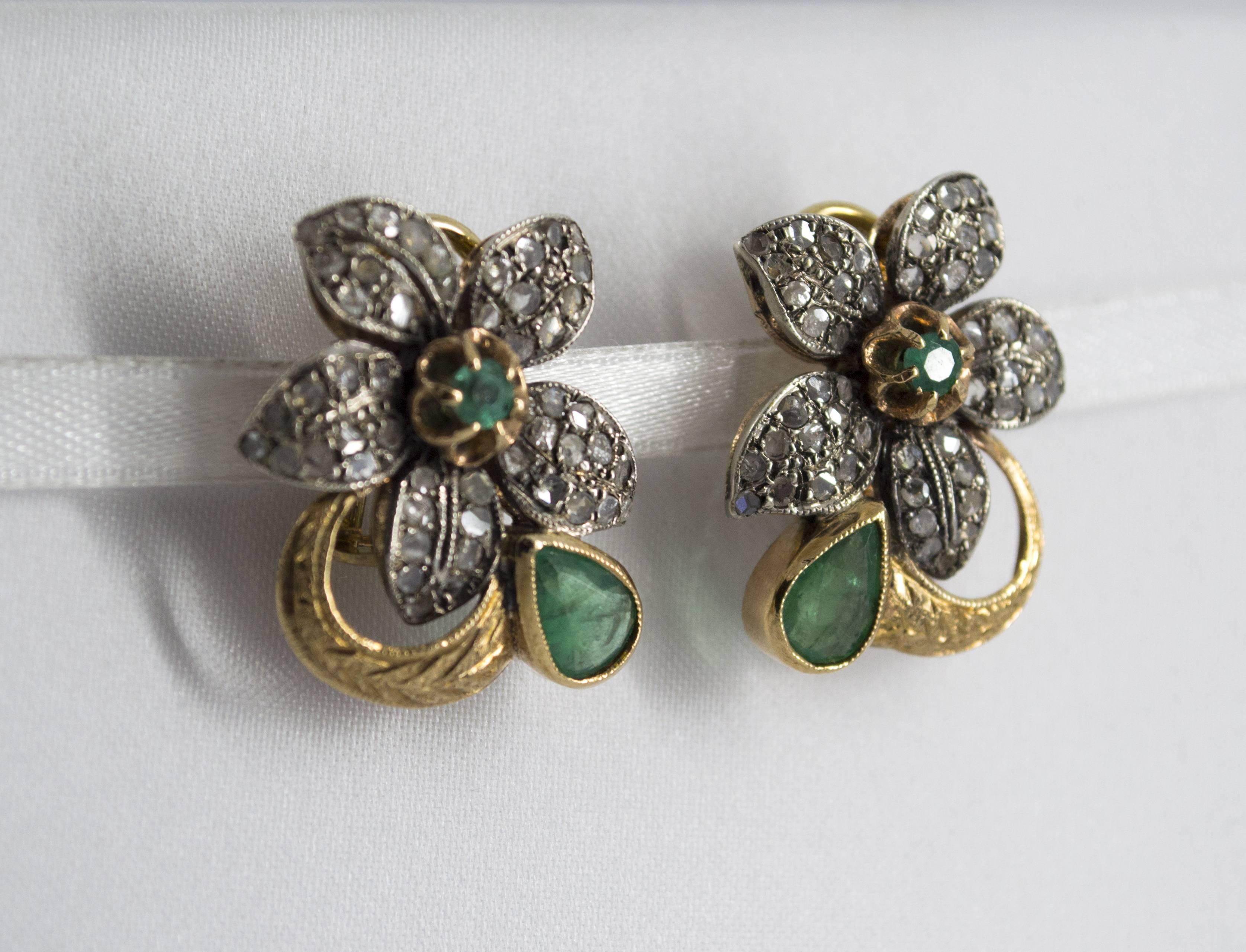 2.0 Carat Emerald 0.60 Carat White Diamond Yellow Gold Clip-On Flowers Earrings 1