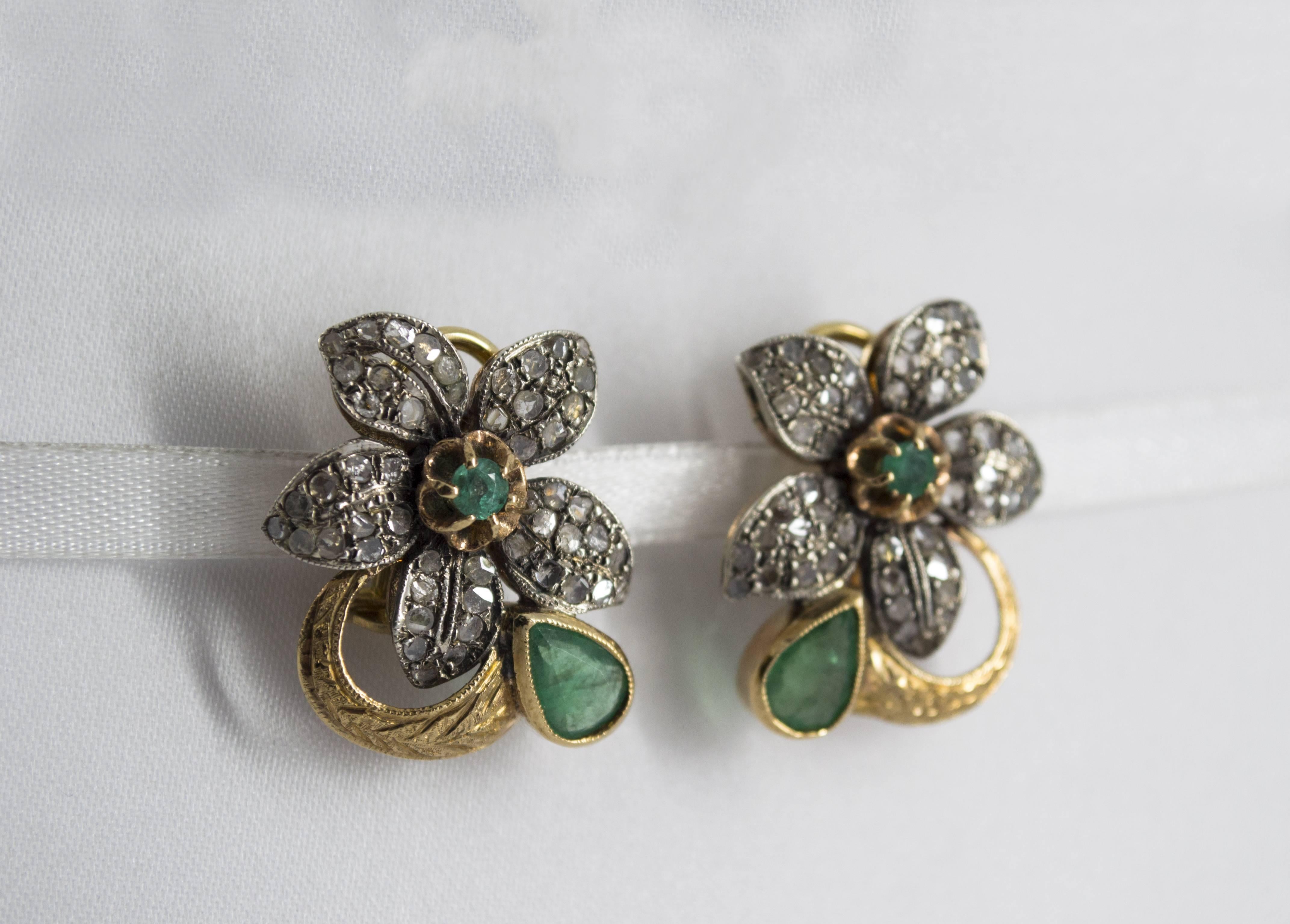 2.0 Carat Emerald 0.60 Carat White Diamond Yellow Gold Clip-On Flowers Earrings 2