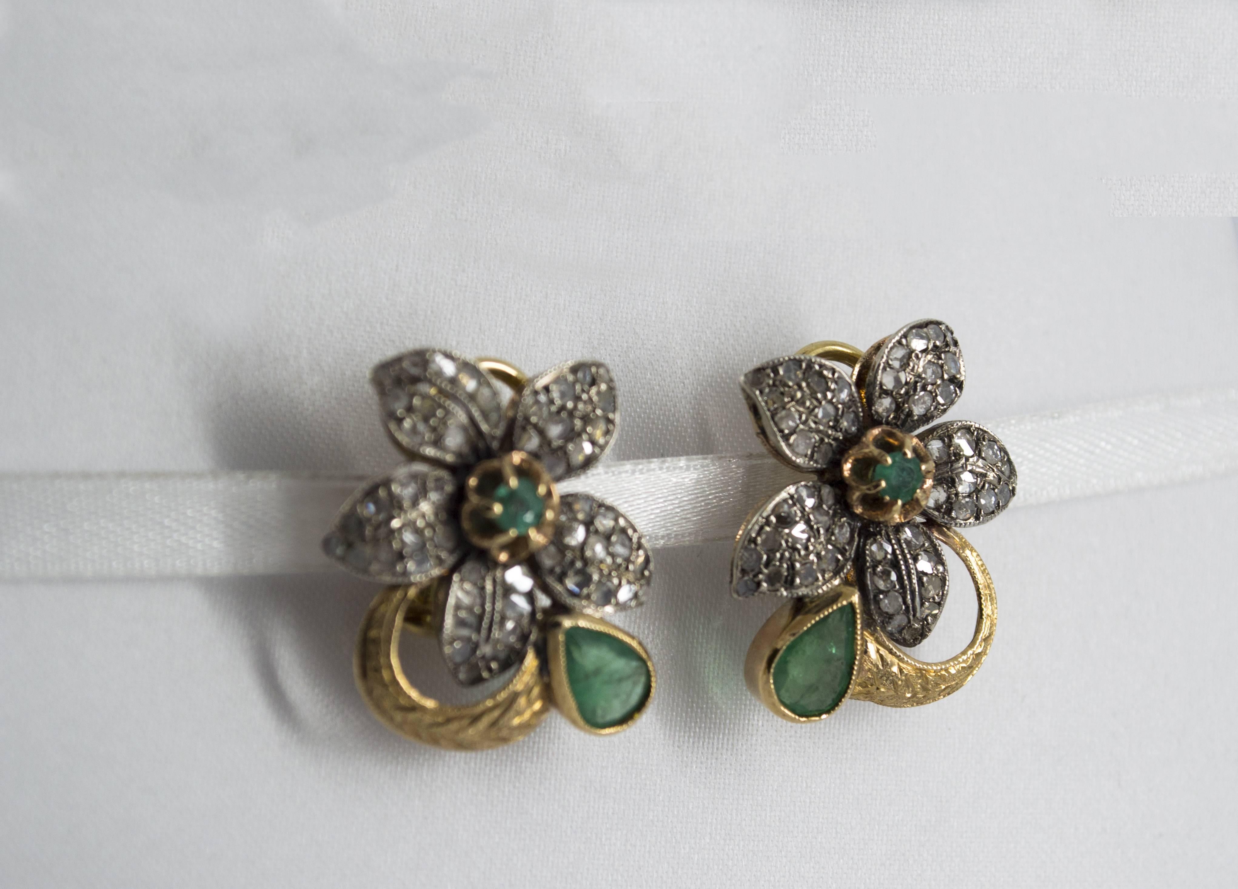 2.0 Carat Emerald 0.60 Carat White Diamond Yellow Gold Clip-On Flowers Earrings 3