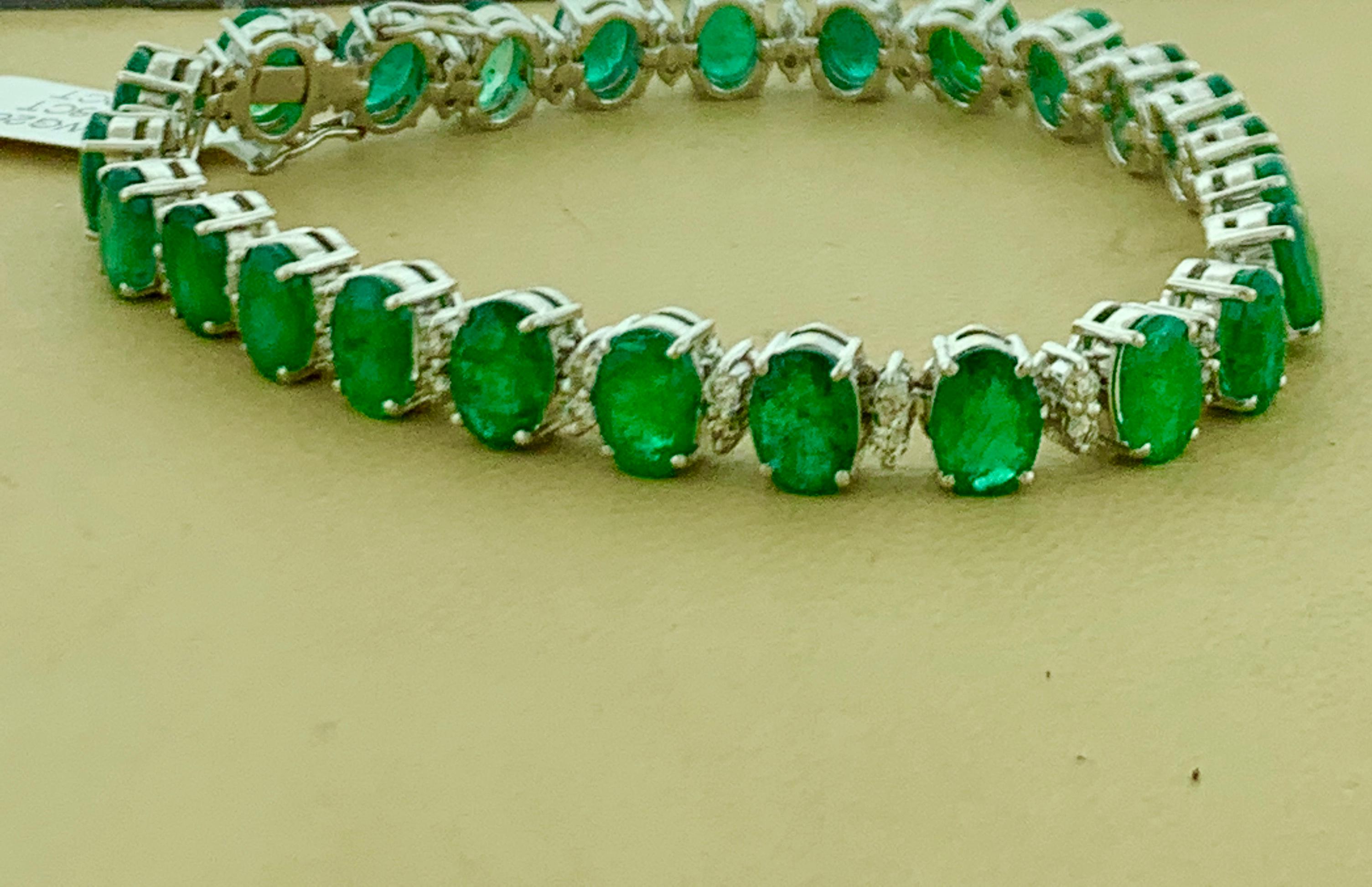  This exceptionally affordable Tennis  bracelet has  25 stones of oval  Emeralds  . Each Emerald is spaced by two diamonds .Total weight of Emerald is 20 carat. Total number of diamonds are 50 and diamond weighs 1.8 ct.
The bracelet is expertly