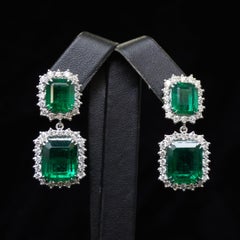 20 Carat Emerald Dangle Earrings With 2.5 Carat Halo Diamonds 18K White Gold
