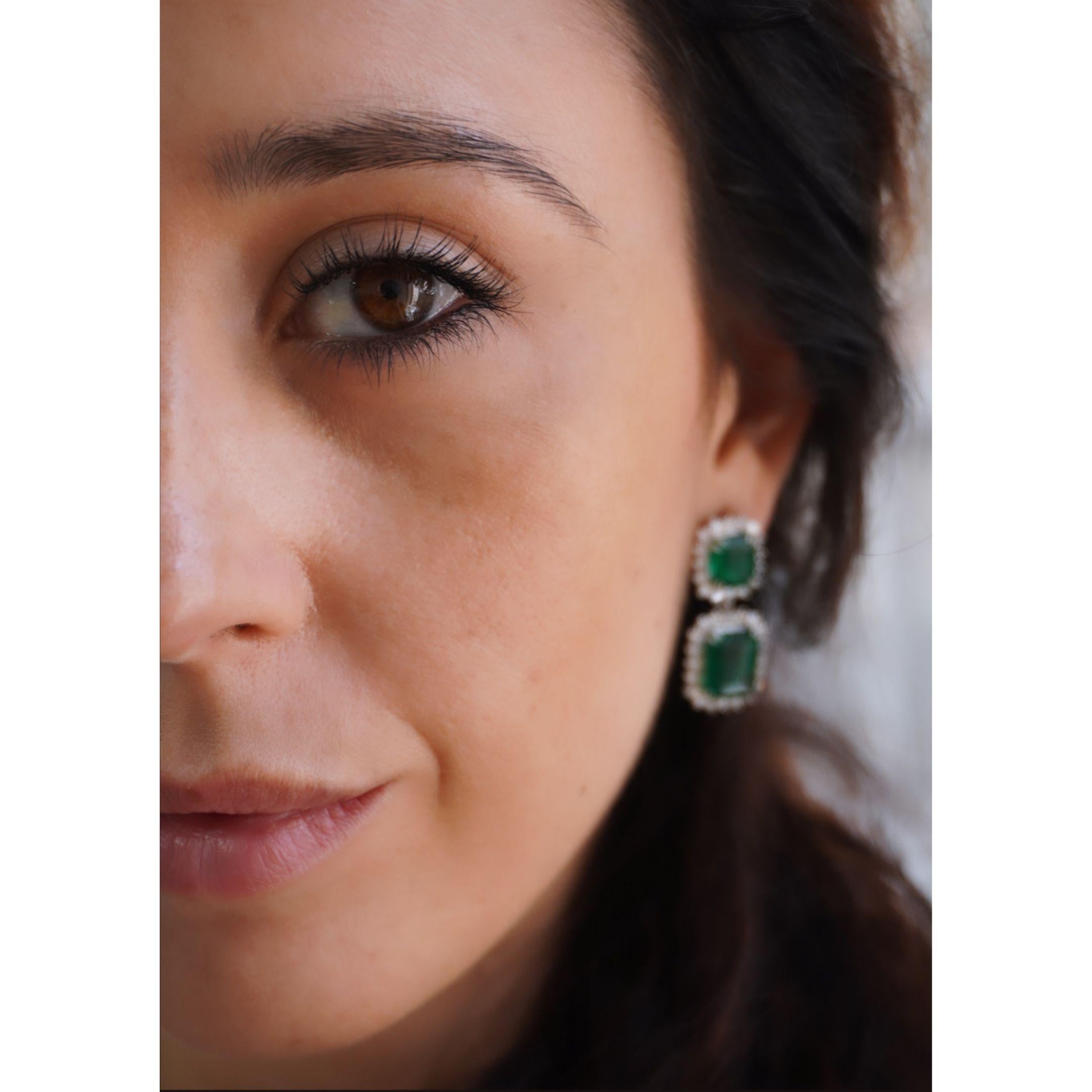 Emerald Cut 20 Carat Emerald Dangle Earrings With 2.5 Carat Halo Diamonds 18K White Gold For Sale