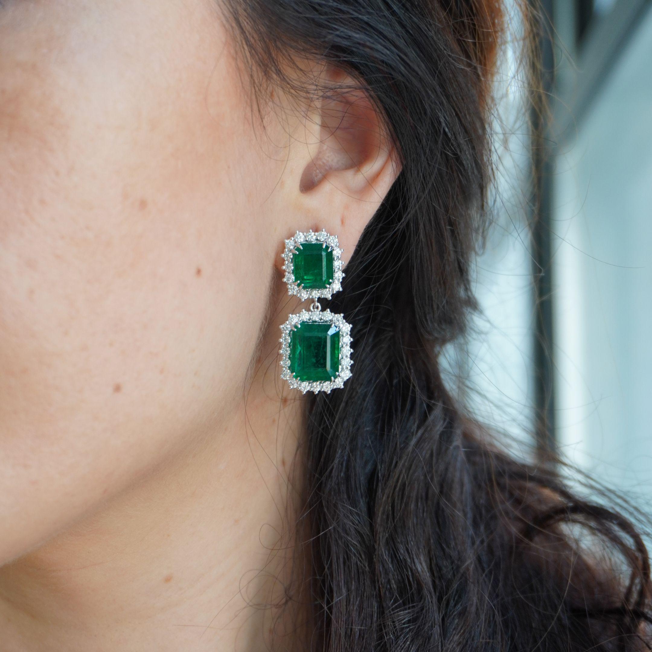 20 Carat Emerald Dangle Earrings With 2.5 Carat Halo Diamonds 18K White Gold For Sale 1