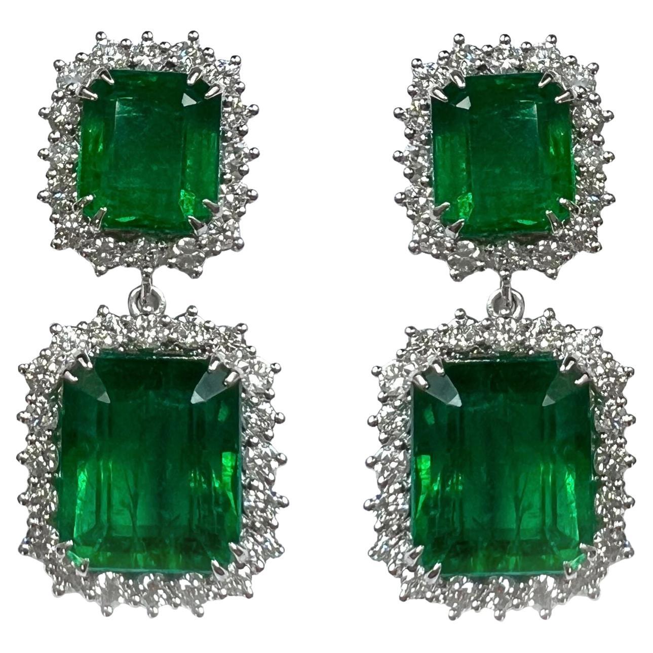 20 Carat Emerald Dangle Earrings With 2.5 Carat Halo Diamonds 18K White Gold For Sale