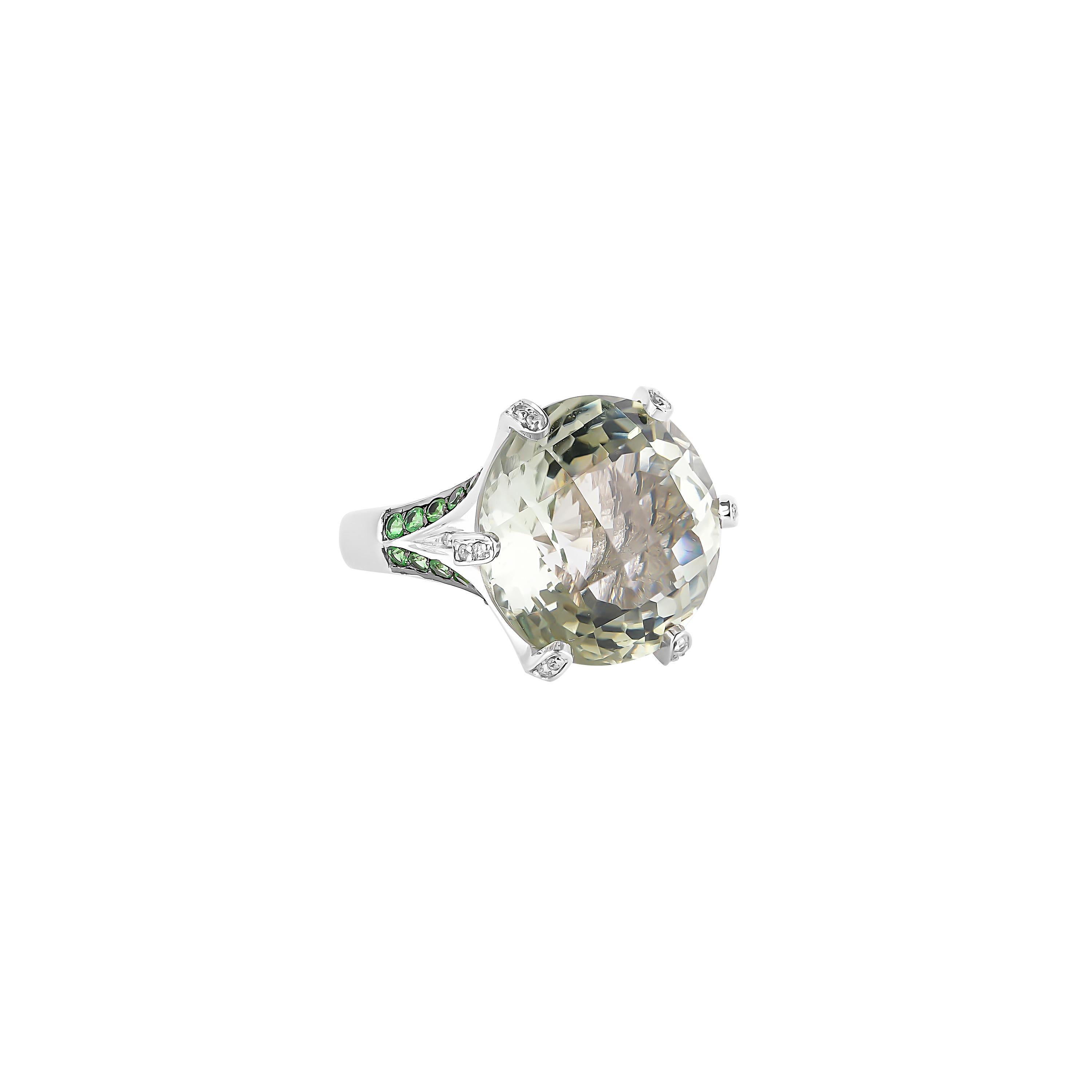 Contemporary 20 Carat Green Amethyst, Tsavorite and Diamond Ring in 14 Karat White Gold