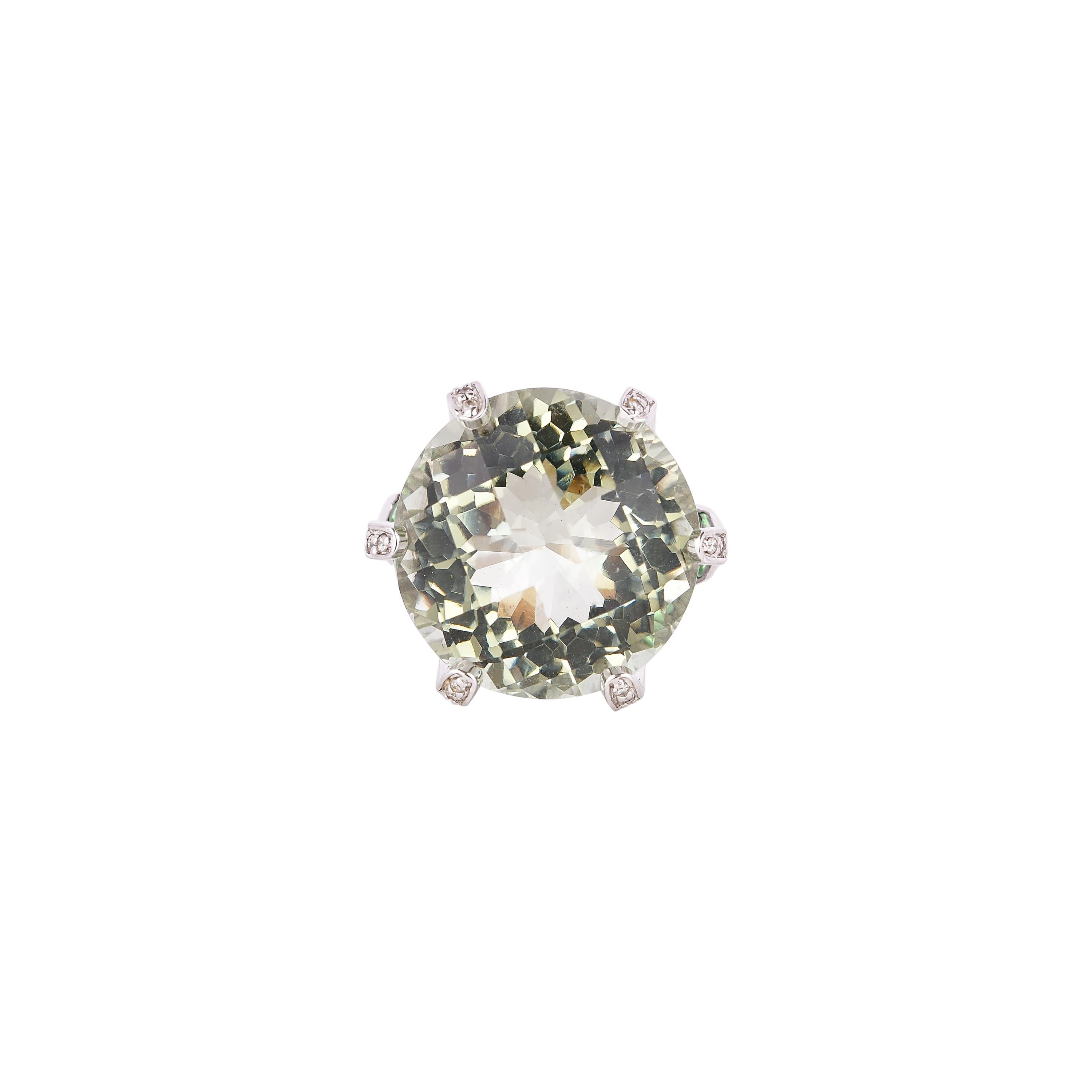 20 Carat Green Amethyst, Tsavorite and Diamond Ring in 14 Karat White Gold 1