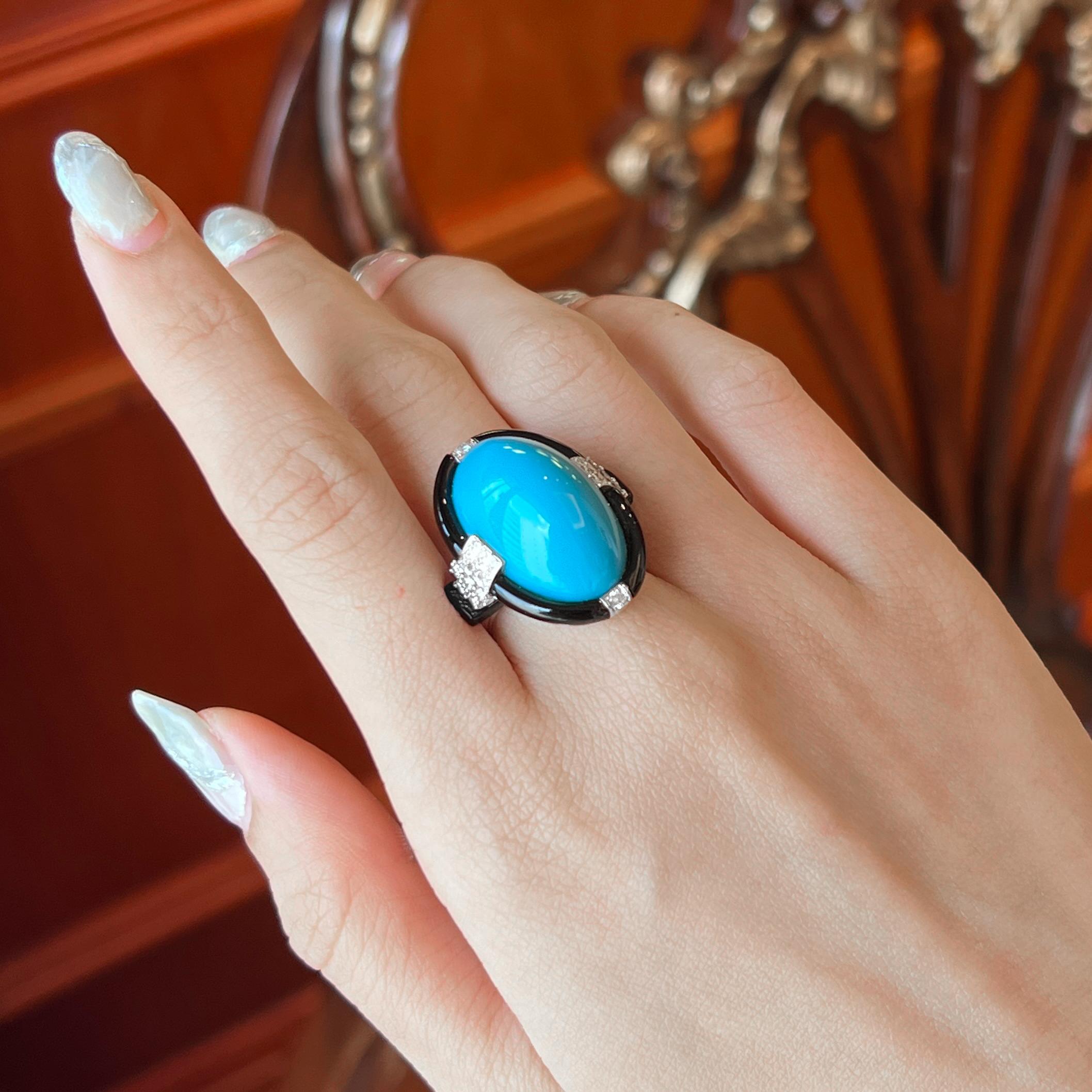 Art Nouveau 20 Carat Lander Blue Turquoise & Black Onyx Beautiful Ring 18K
