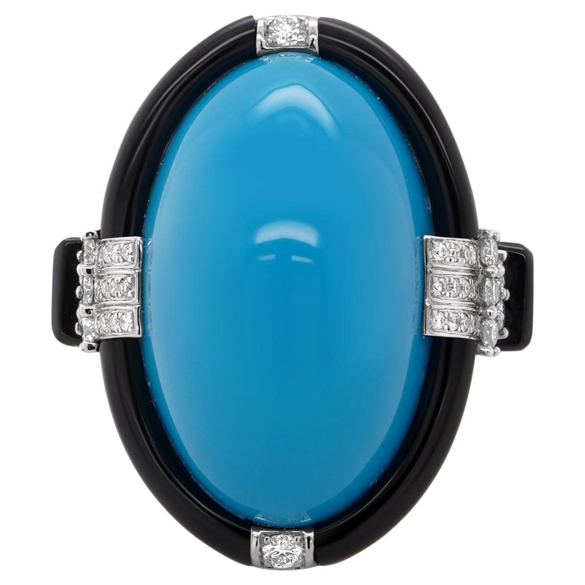 20 Carat Lander Blue Turquoise & Black Onyx Beautiful Ring 18K