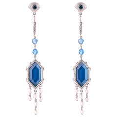 20 Carat London Blue Topaz Earring in 18 Karat Gold with Diamonds and Pearls