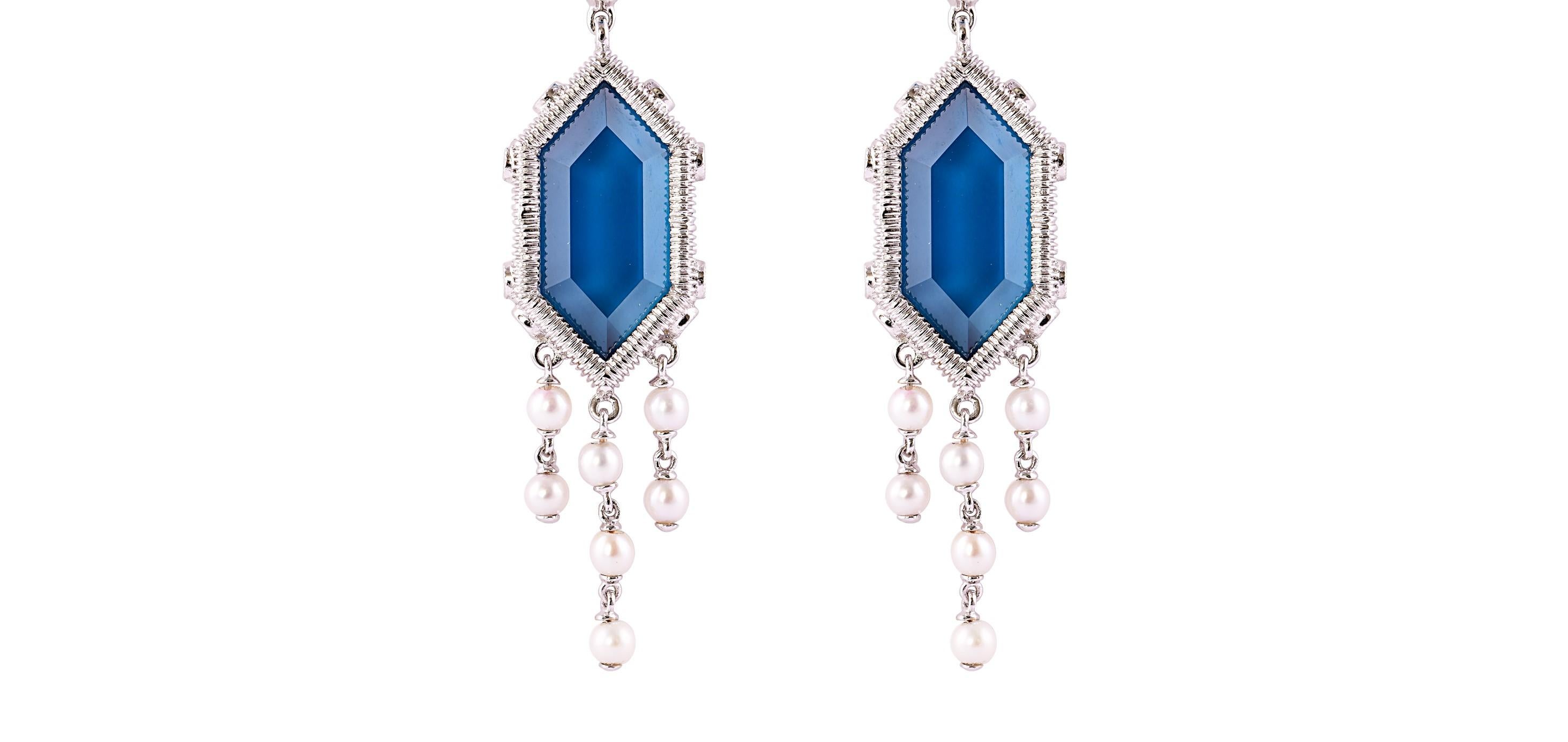 Hexagon Cut Sunita Nahata London Blue Topaz 20.00ct. Earring in 18KWG with Pearl & Diamond. For Sale