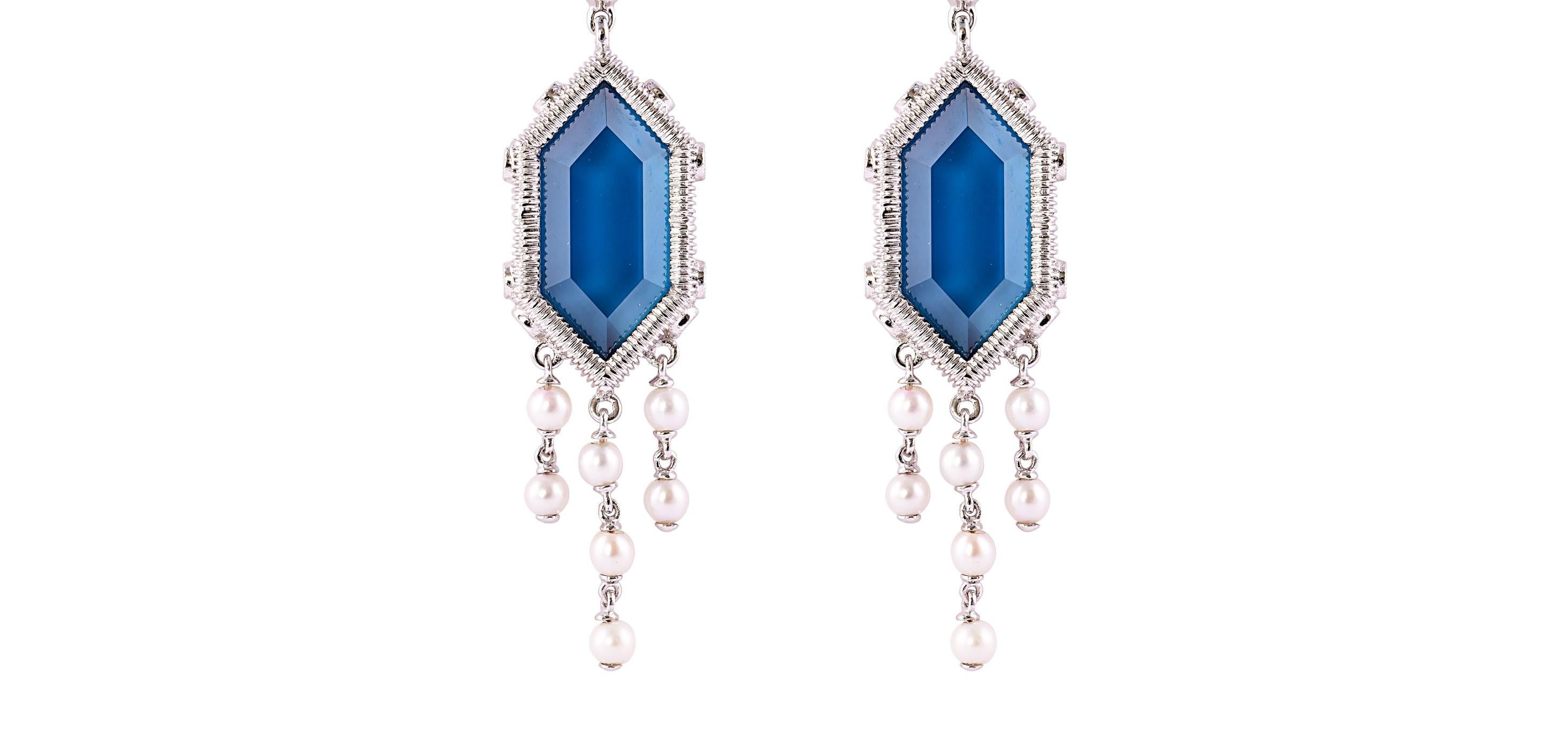 Hexagon Cut 20 Carat London Blue Topaz Earring in 18 Karat Gold with Diamonds and Pearls For Sale