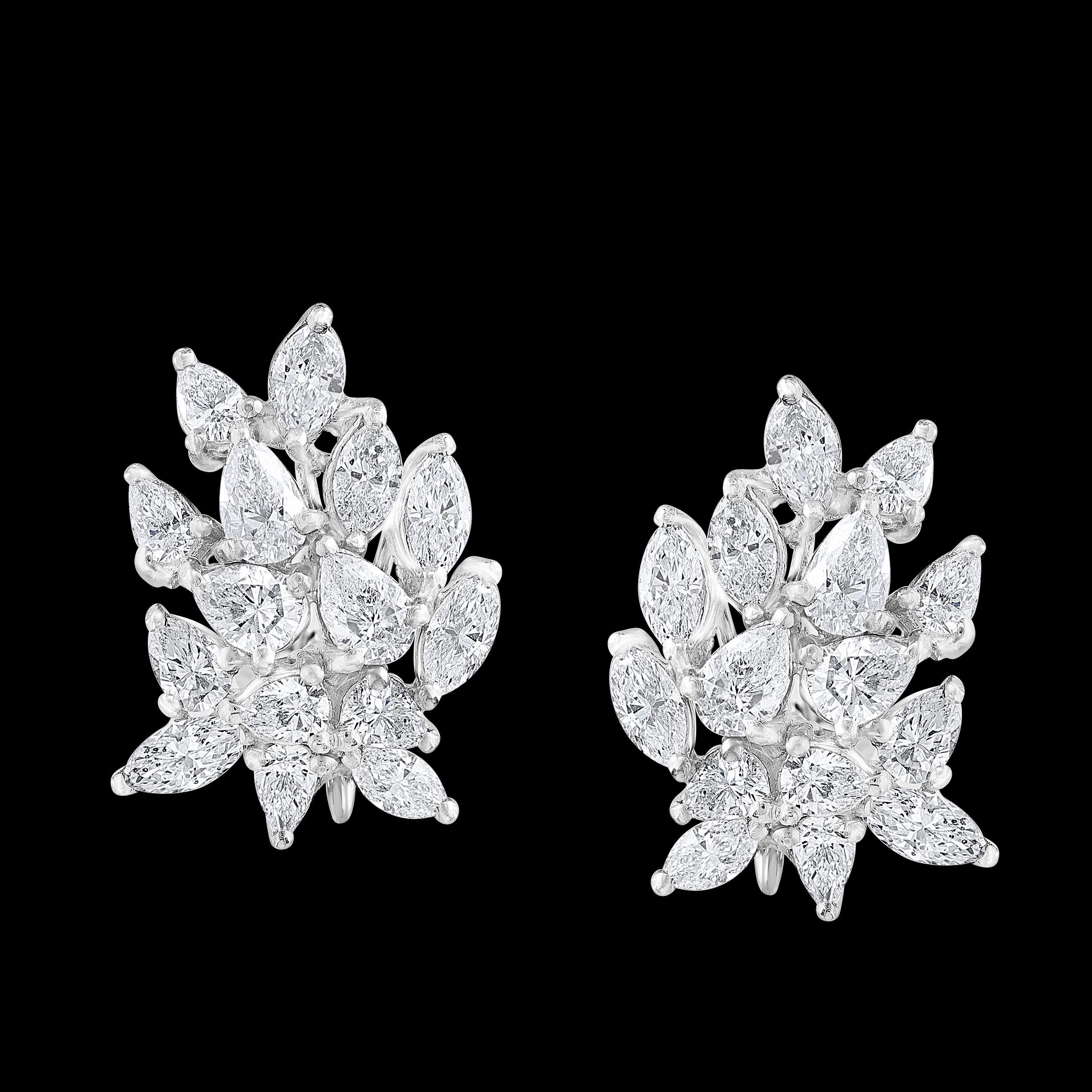 Pear Cut 20 Carat Marquise and Pear Shape Diamond Cluster Stud Earrings in Platinum 1960'