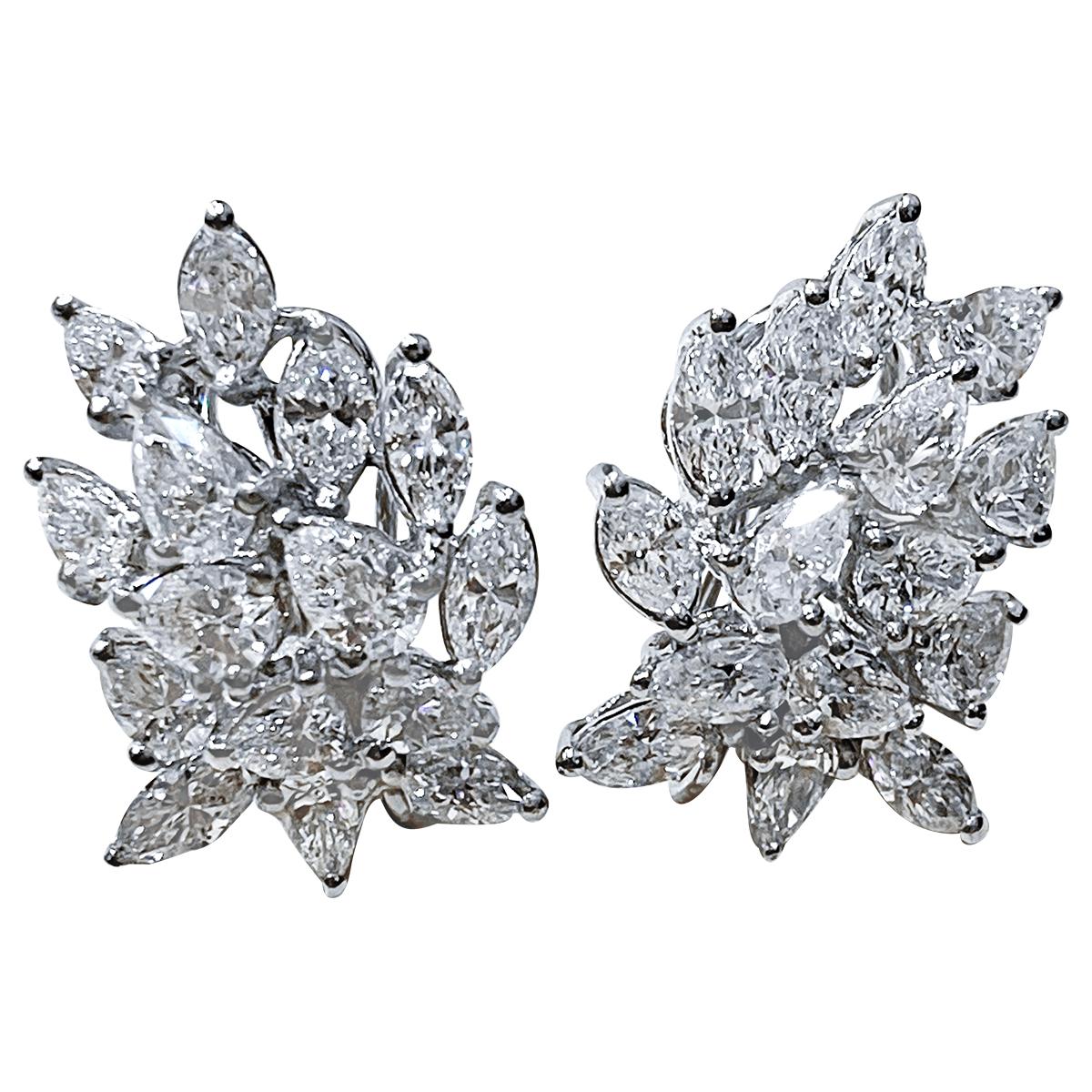 Women's or Men's 20 Carat Marquise and Pear Shape Diamond Cluster Stud Earrings in Platinum 1960'