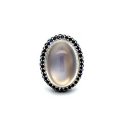 20 Carat Moonstone and Sapphire Gold Statement Halo Cocktail Ring